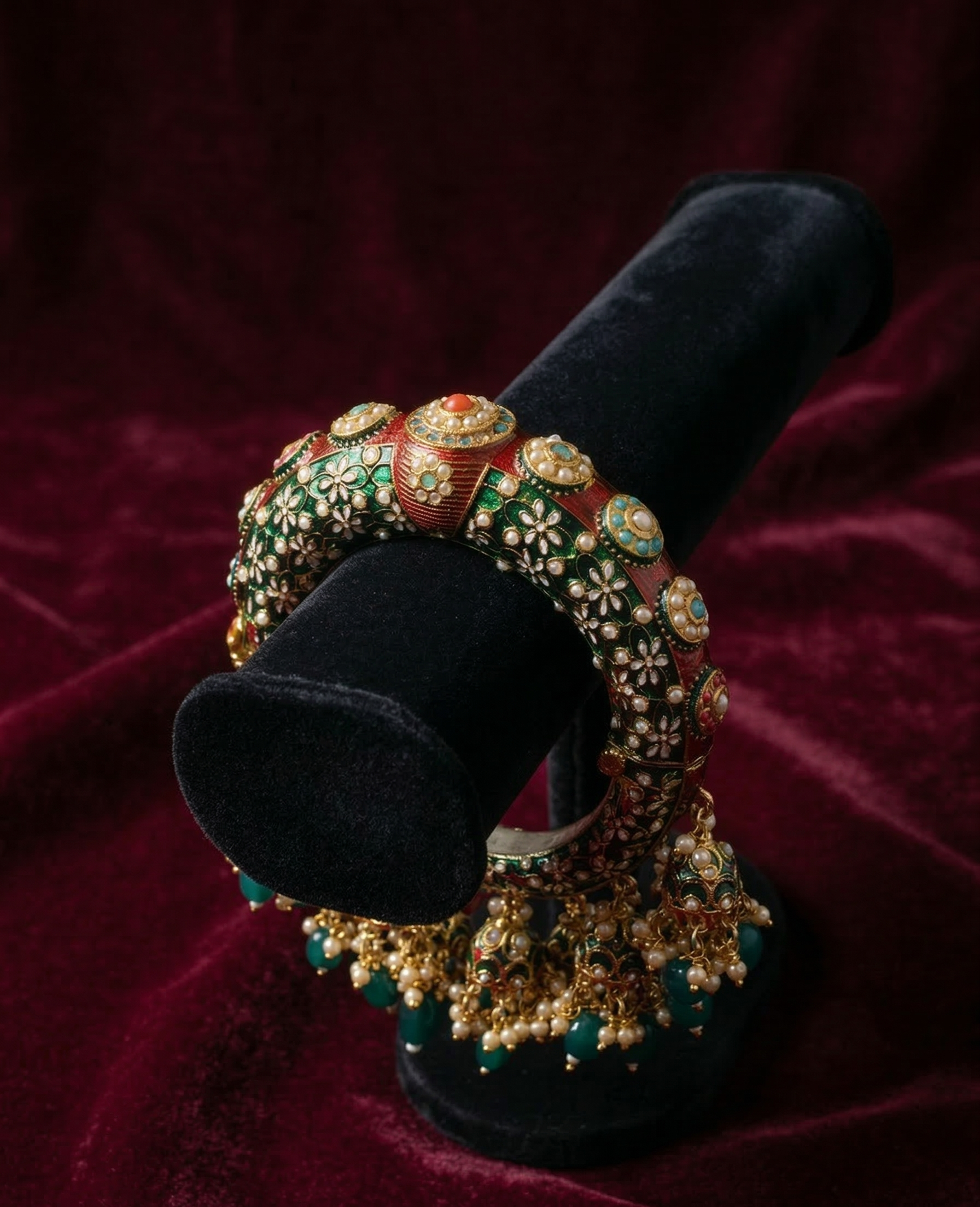 Meenakari Floral Kada with Emerald-Green Latkan