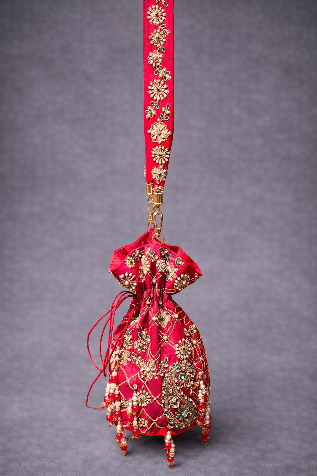 Pink Embroidered Potli with Strap