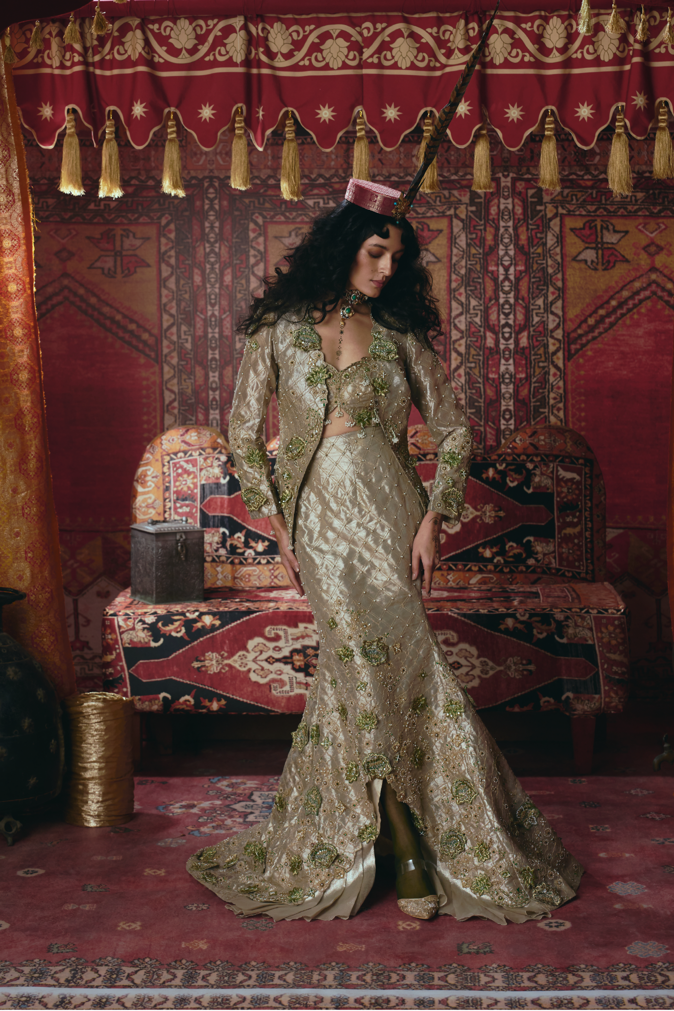 Pearl-Gold Skirt, Jacket, and Bustier Set