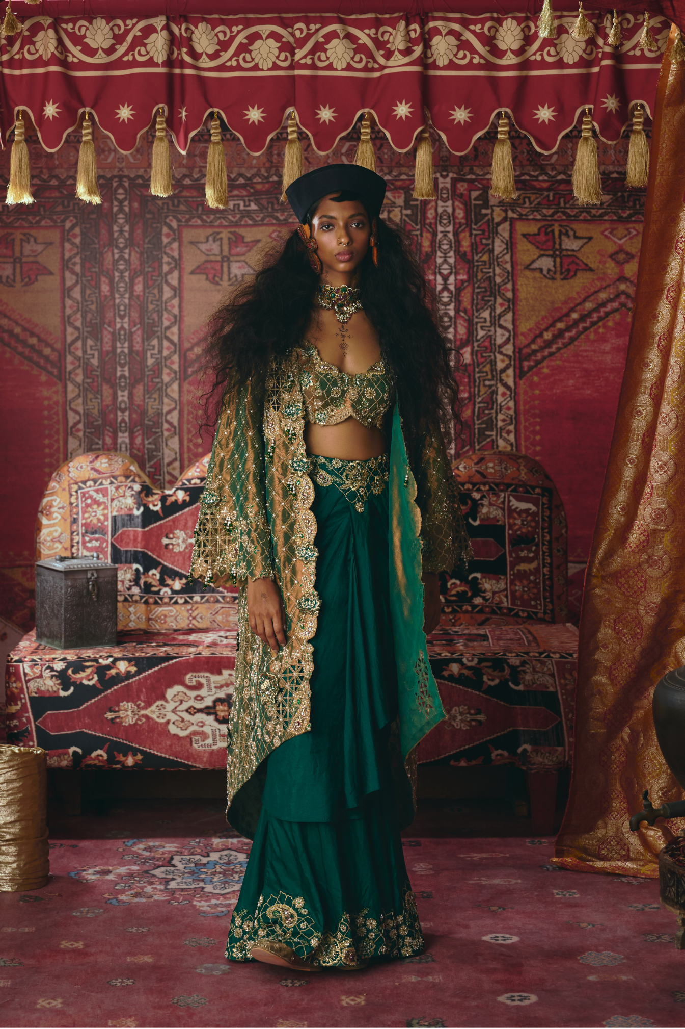 Emerald Green Draped Skirt,Long Jacket, and Bustier Set