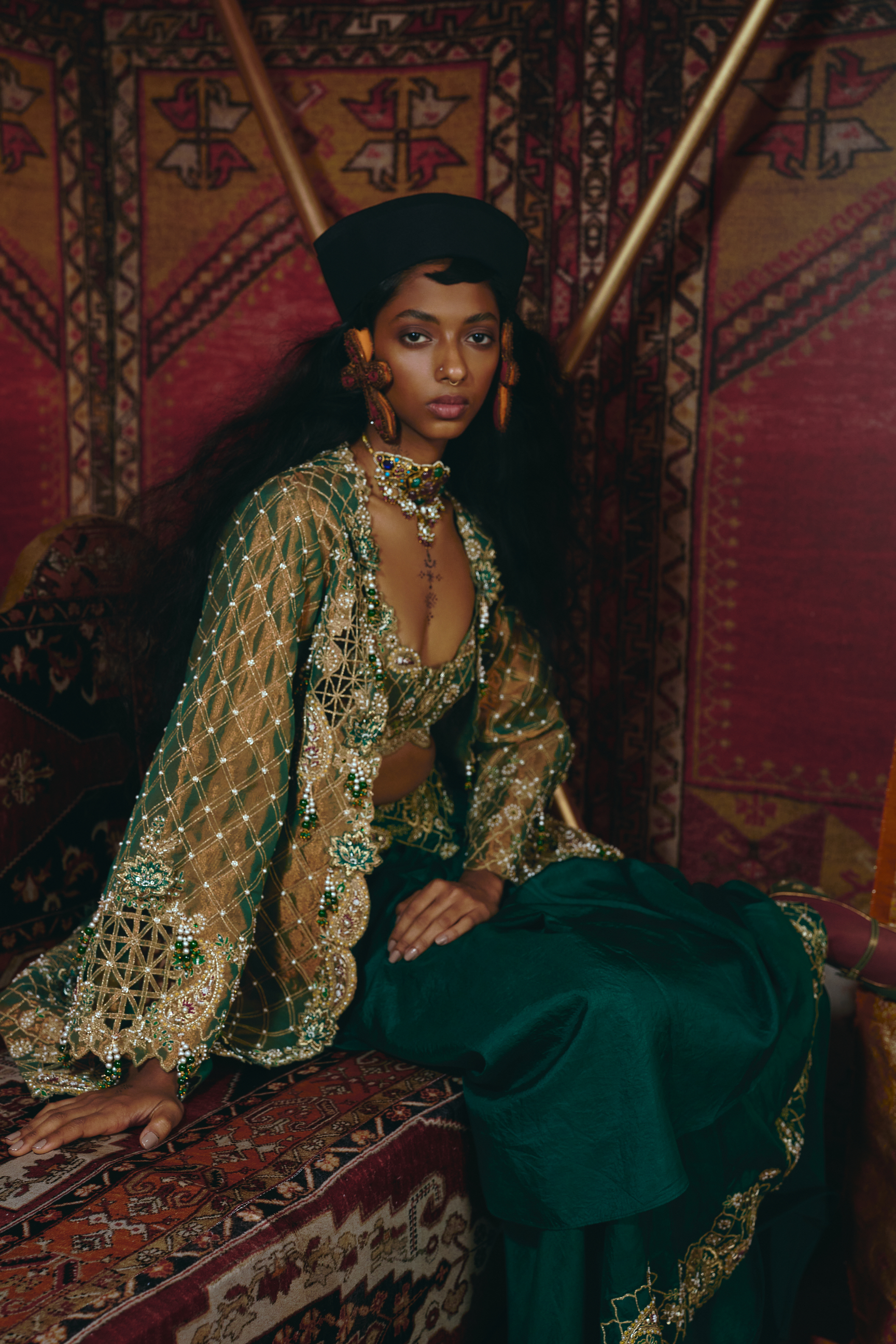 Emerald Green Draped Skirt,Long Jacket, and Bustier Set