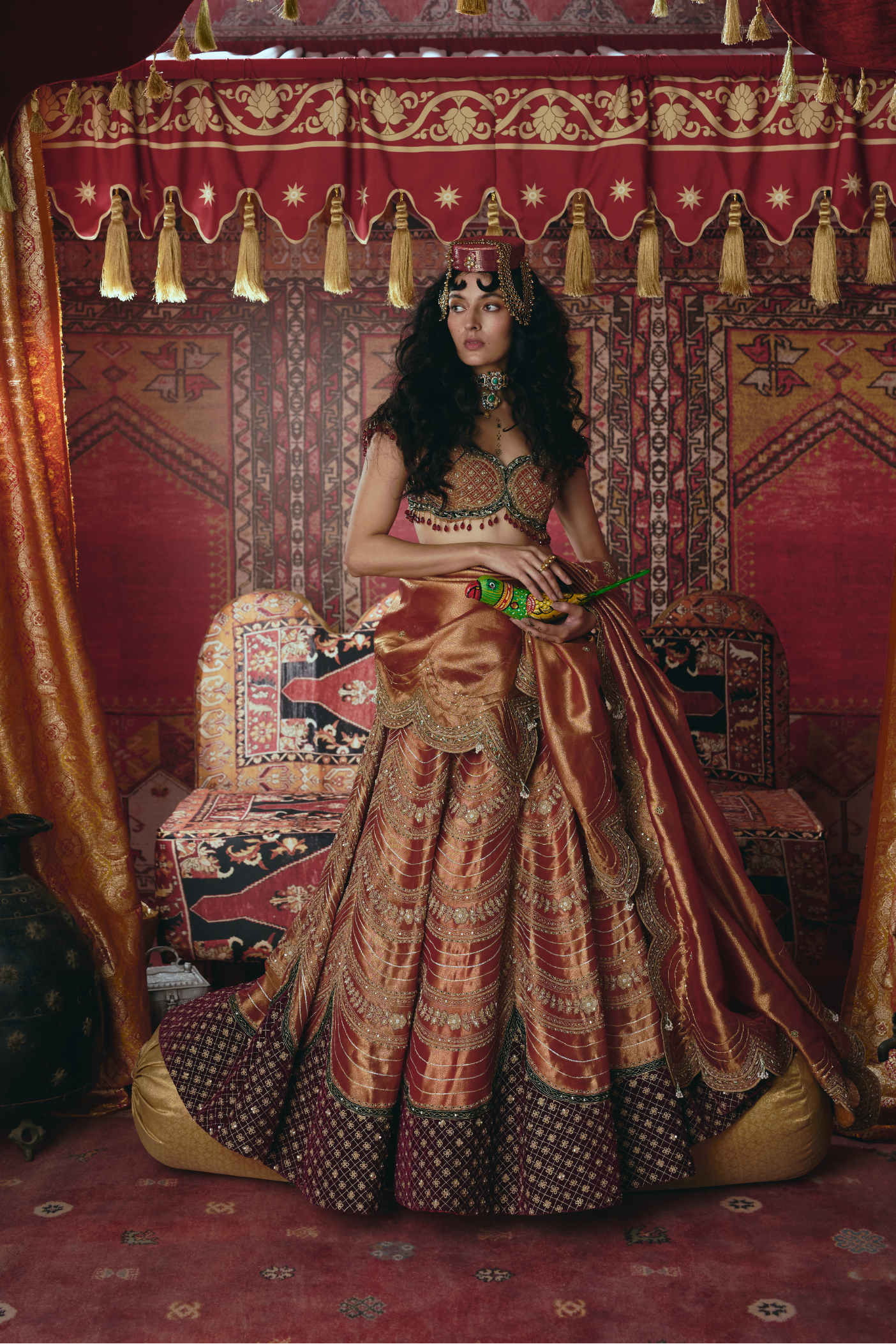 Rust Orange Pure Tissue and Maroon Velvet Lehenga Set