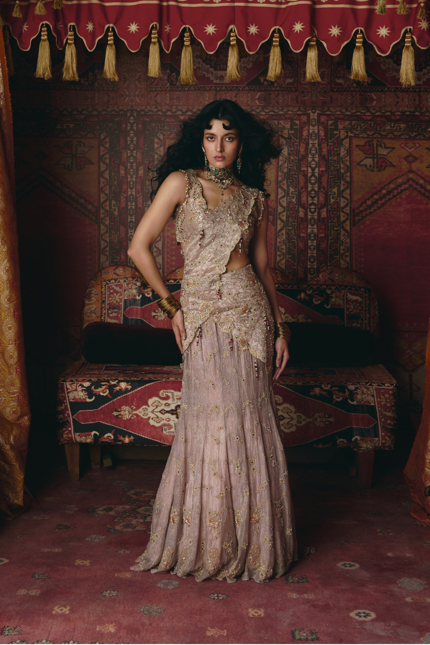 Rose Gold Drape Saree and Blouse Set