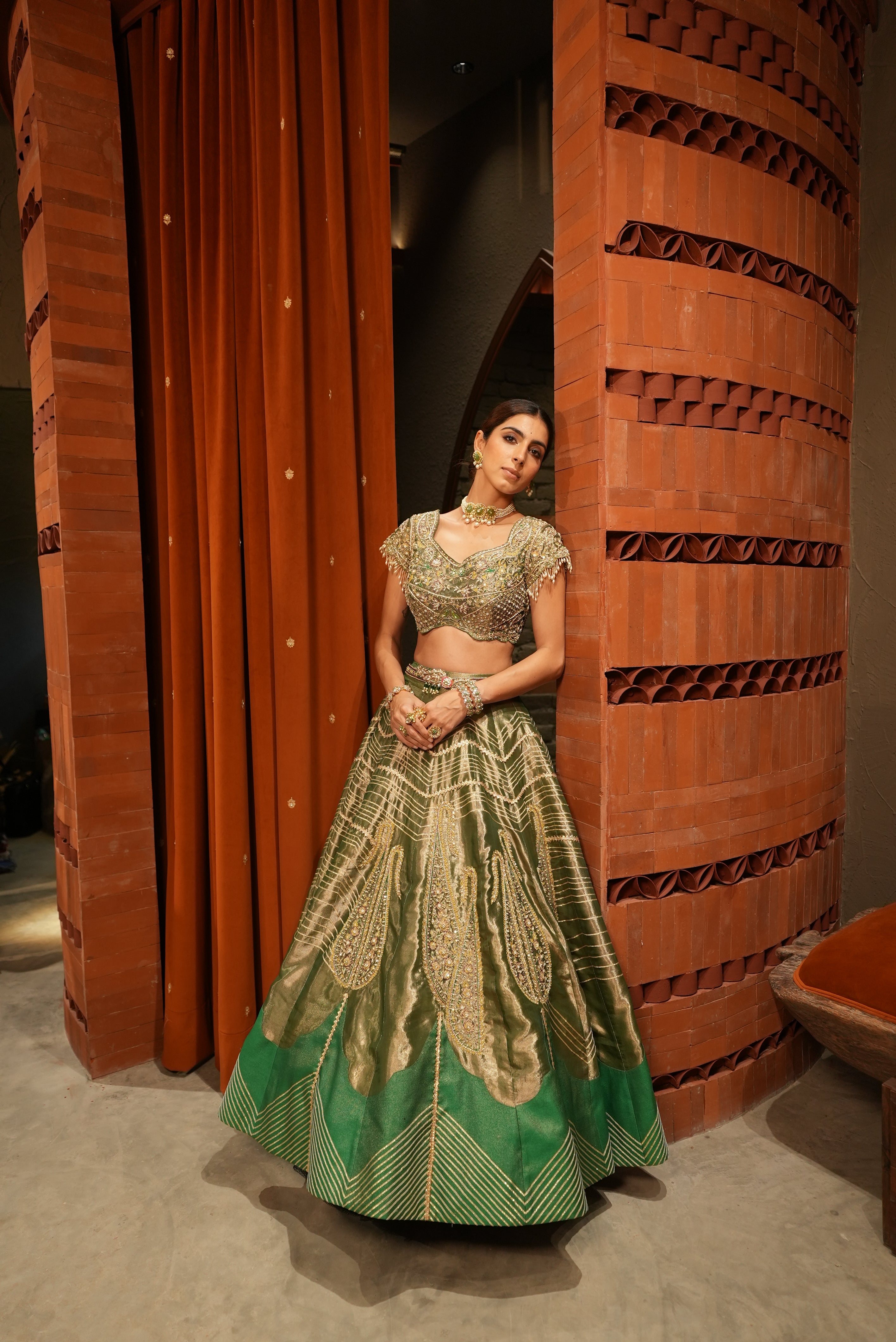 Emerald Green silk zari tissue lehenga set