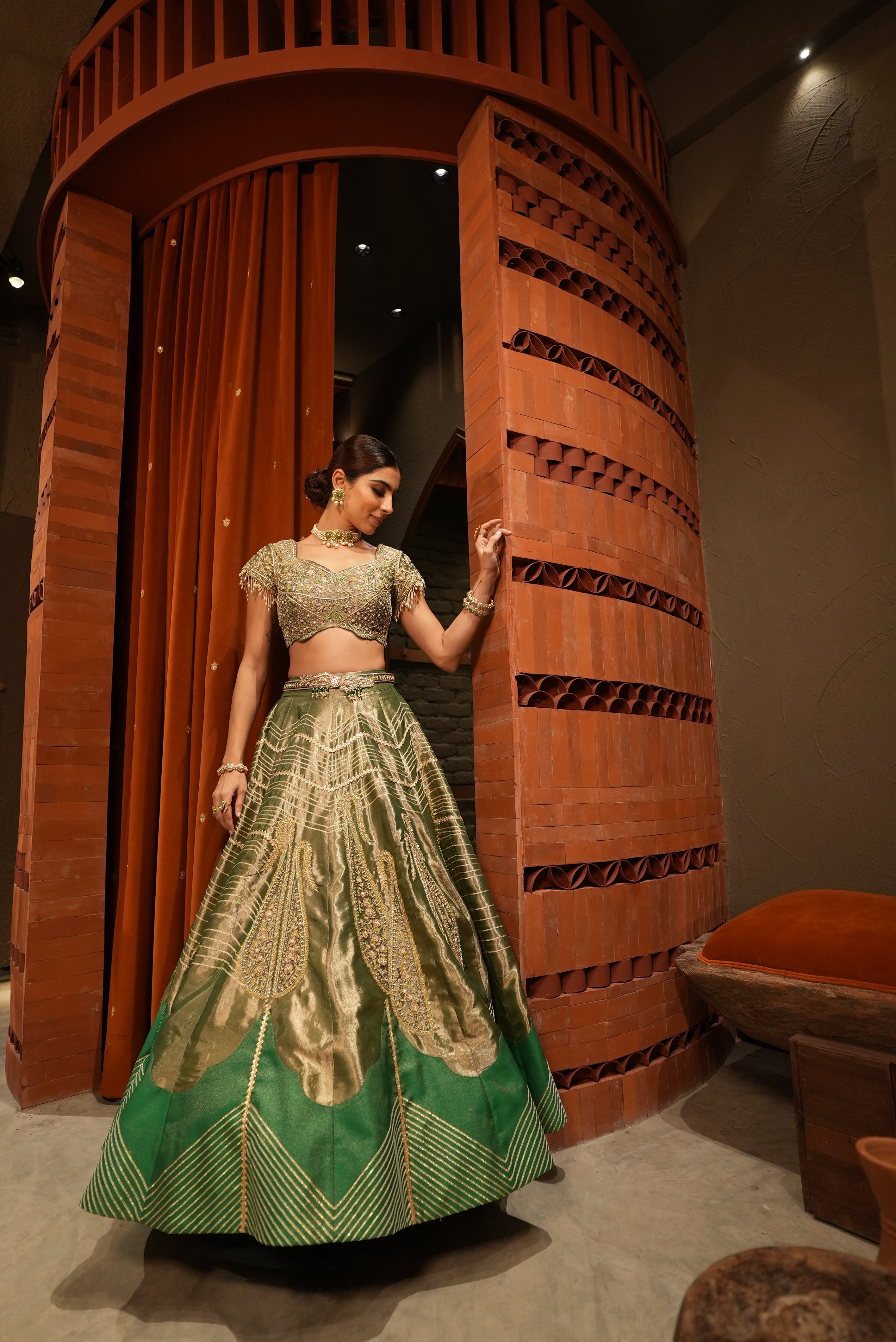 Emerald Green silk zari tissue lehenga set