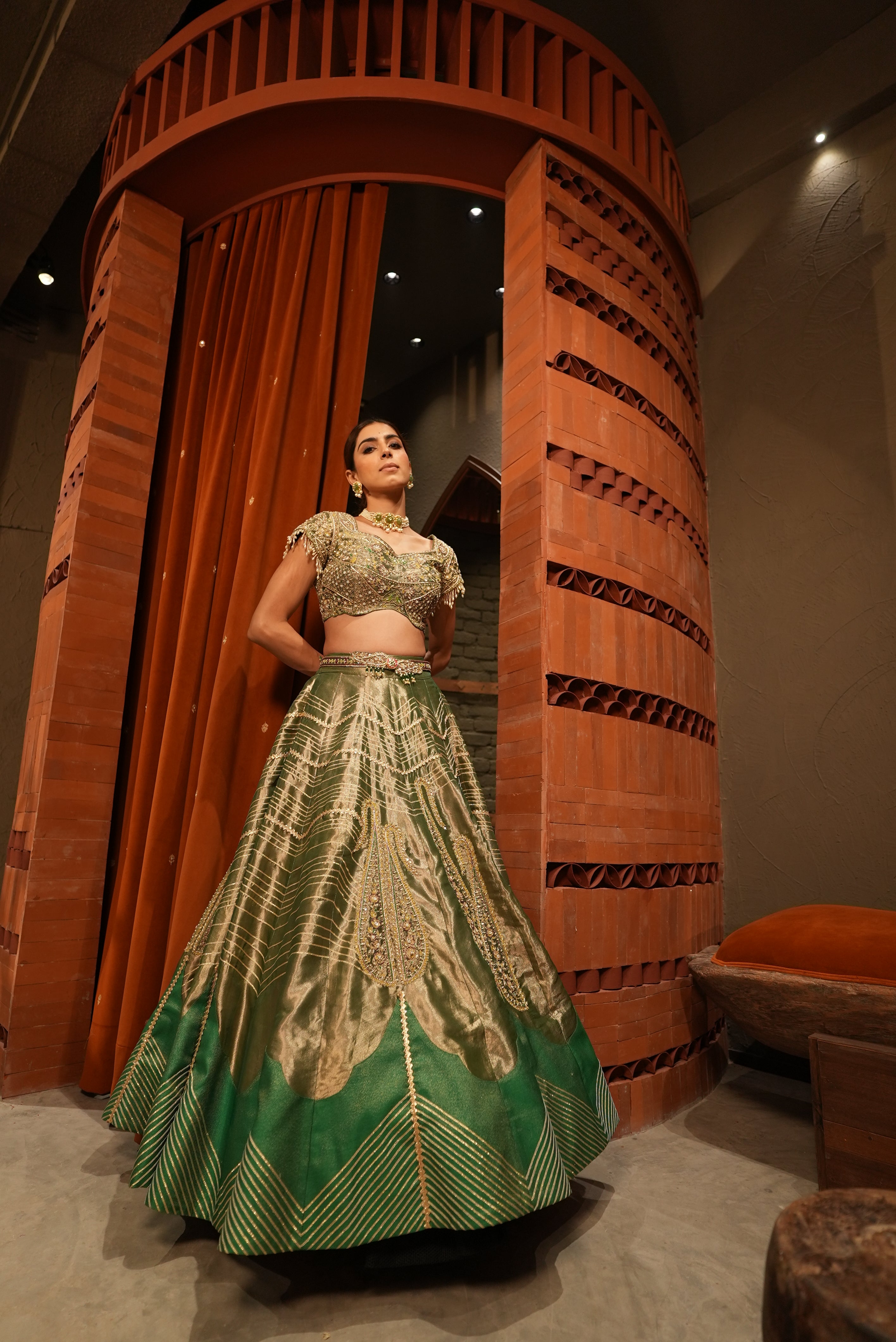 Emerald Green silk zari tissue lehenga set