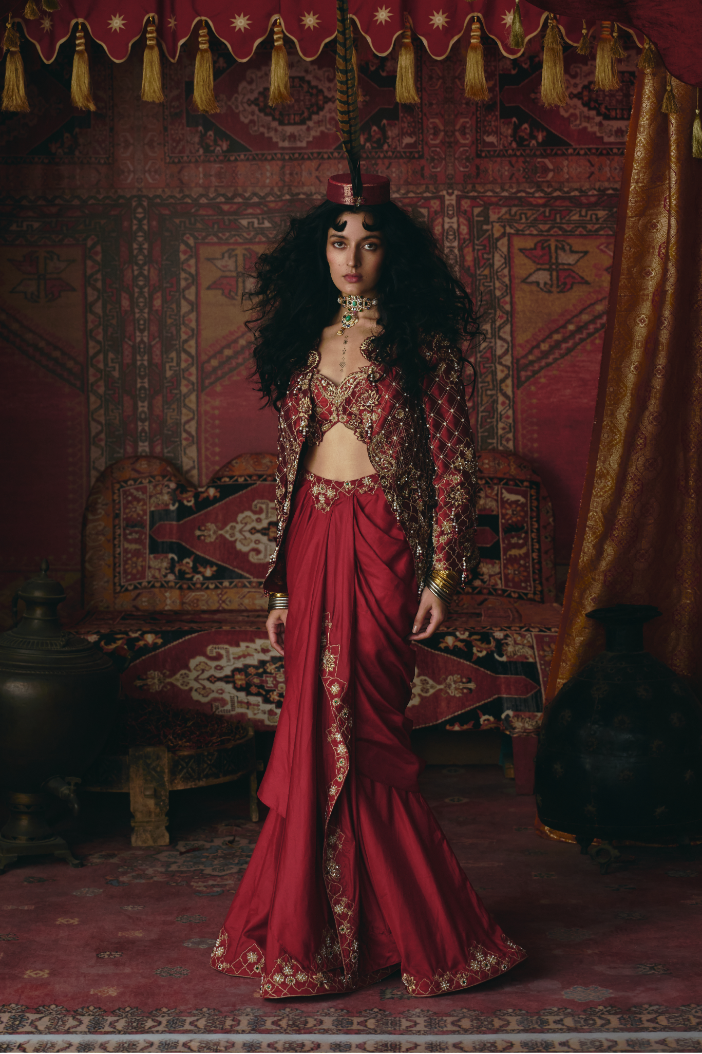 Maroon Drape Skirt, Jacket and Bustier Set