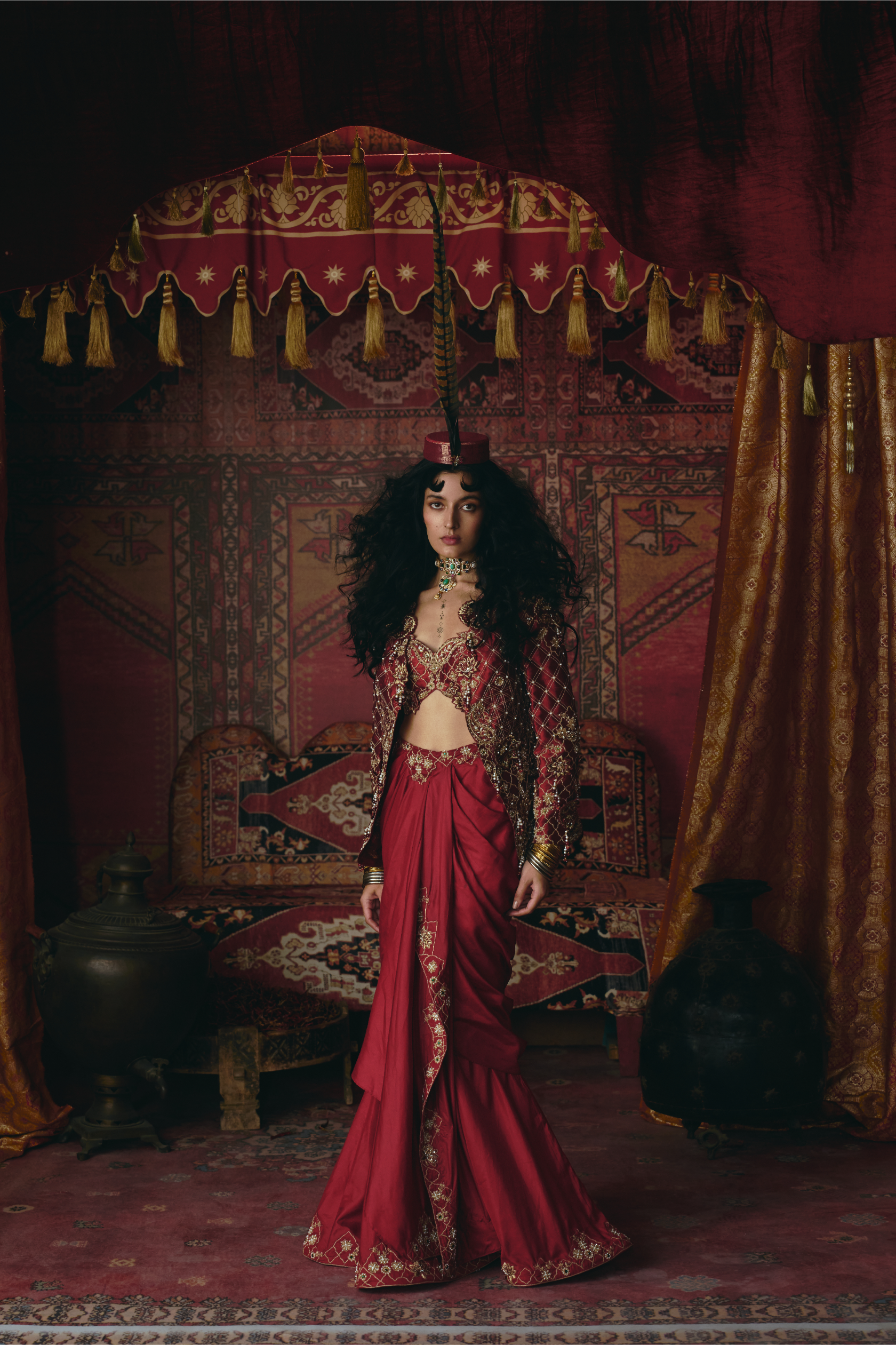 Maroon Drape Skirt, Jacket and Bustier Set