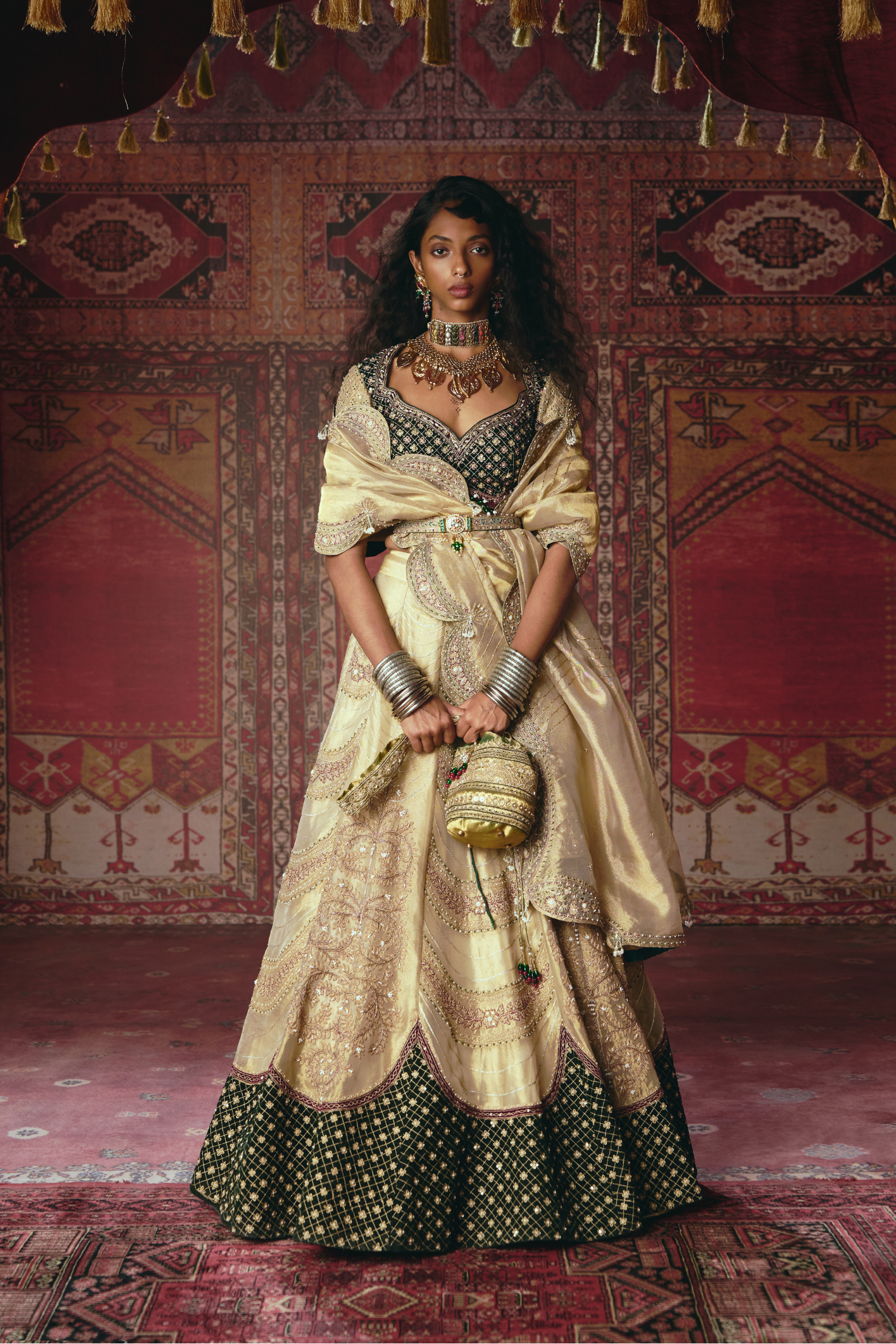 Gold and Dark Green Pure Tissue and Velvet Lehenga Set