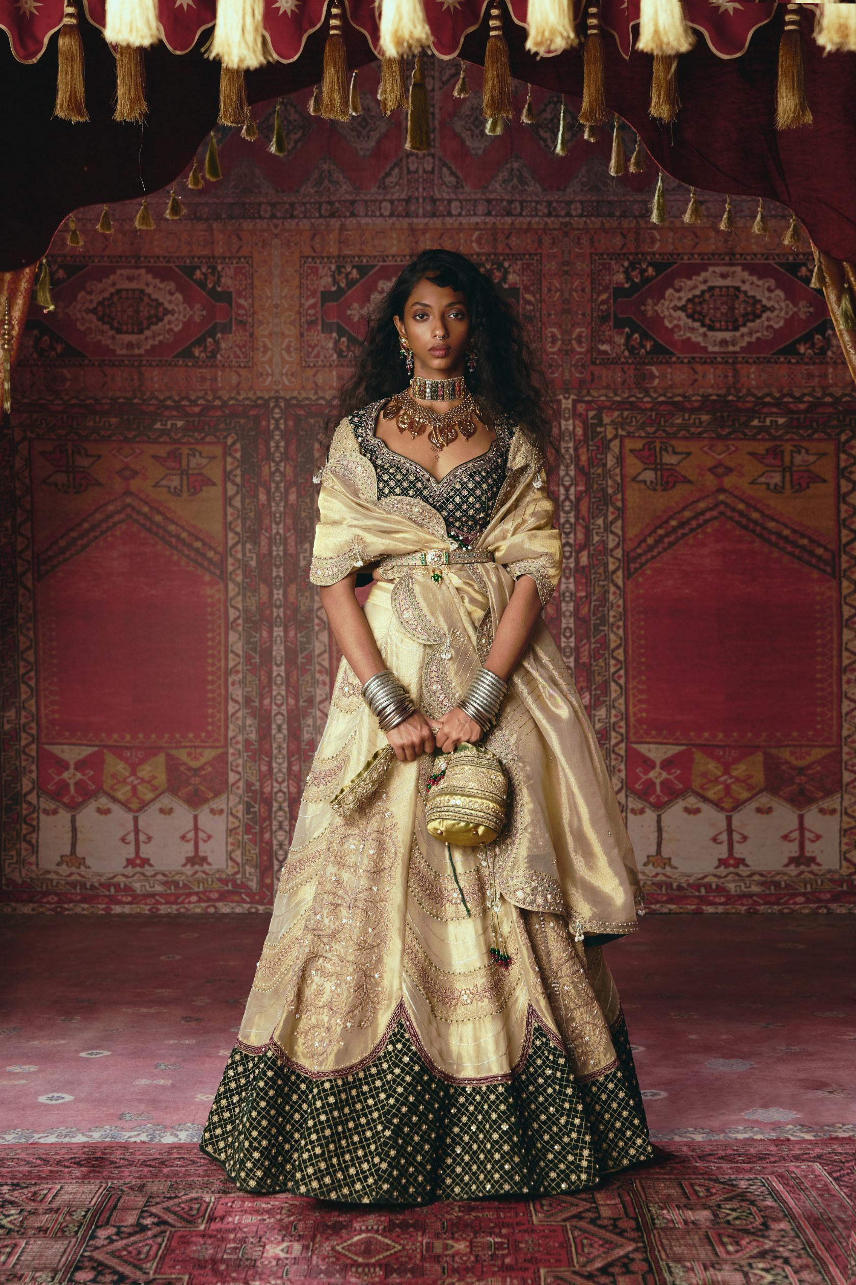 Gold and Dark Green Pure Tissue and Velvet Lehenga Set