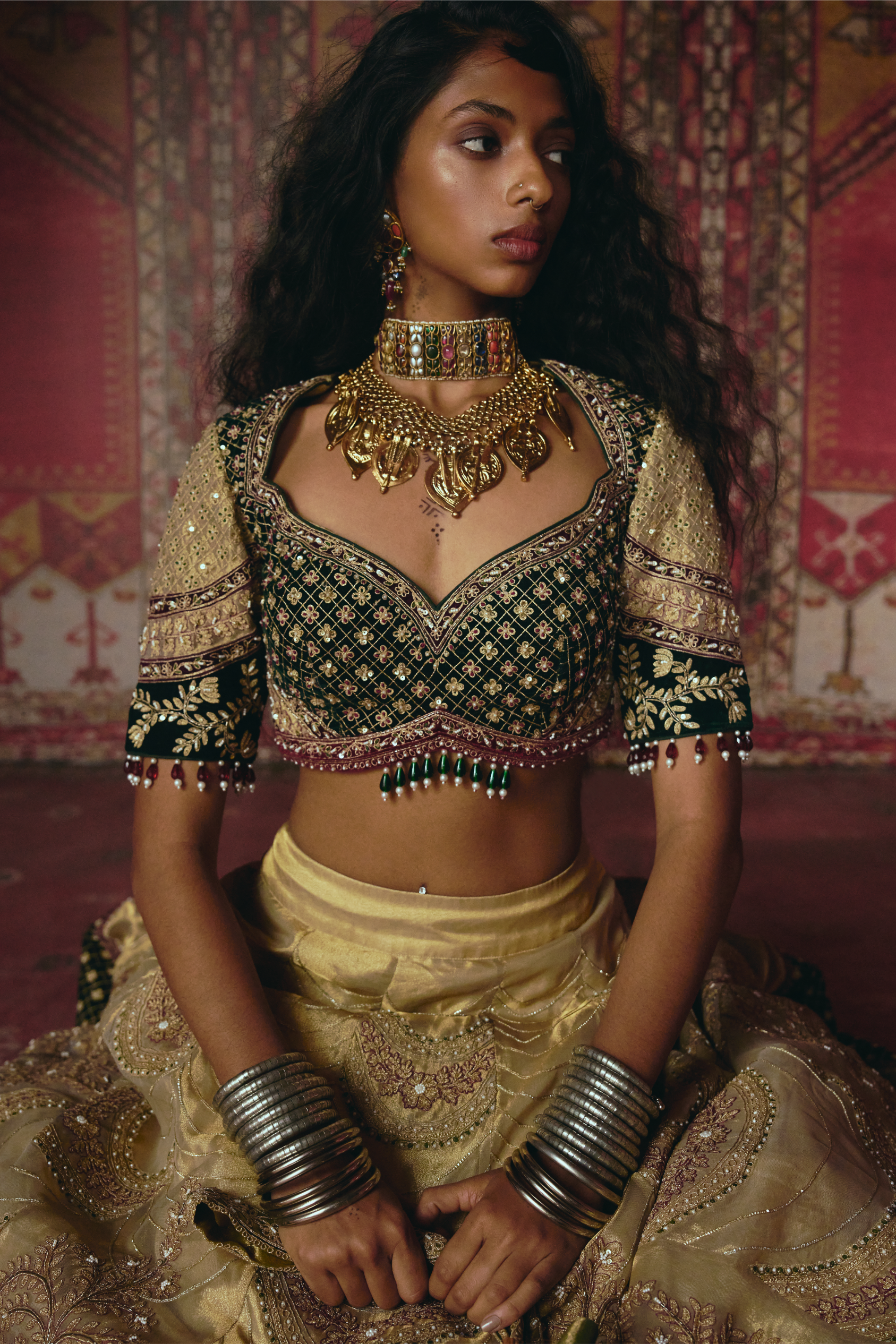 Gold and Dark Green Pure Tissue and Velvet Lehenga Set