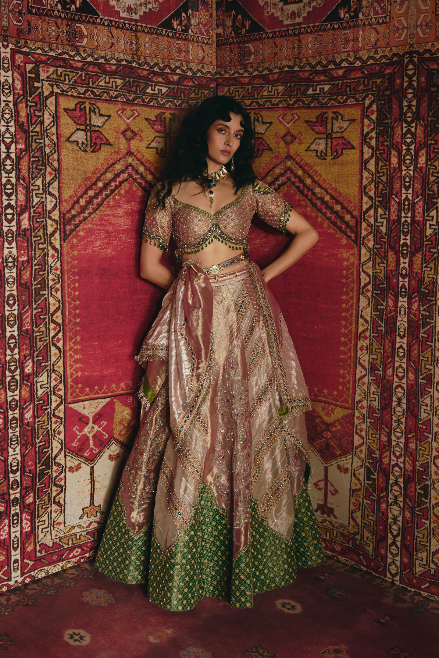 Pink and Rose Gold Pure Tissue with Green Banarsi Lehenga Set