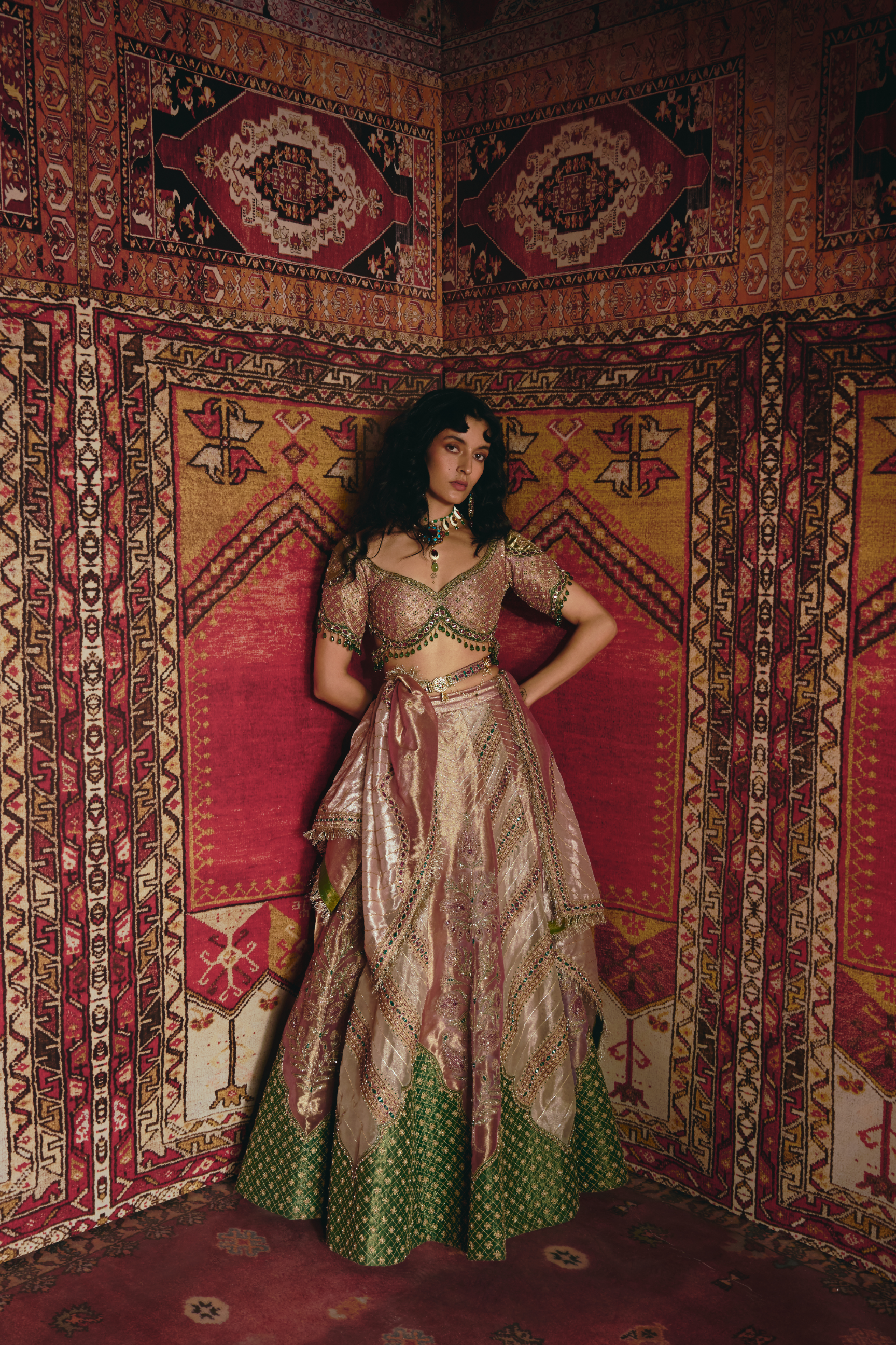 Pink and Rose Gold Pure Tissue with Green Banarsi Lehenga Set