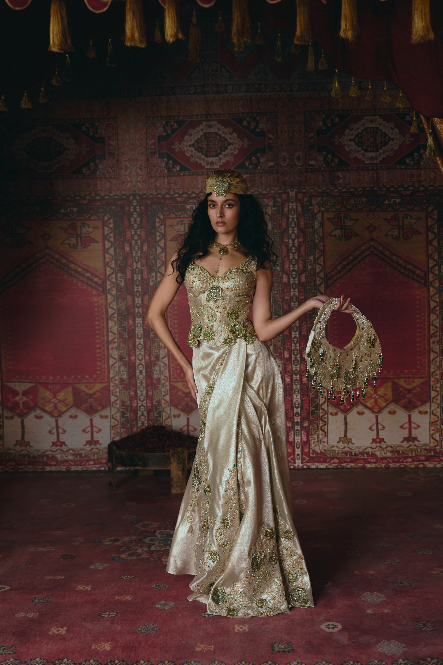 Pearl-Gold Draped Skirt and Corset Set