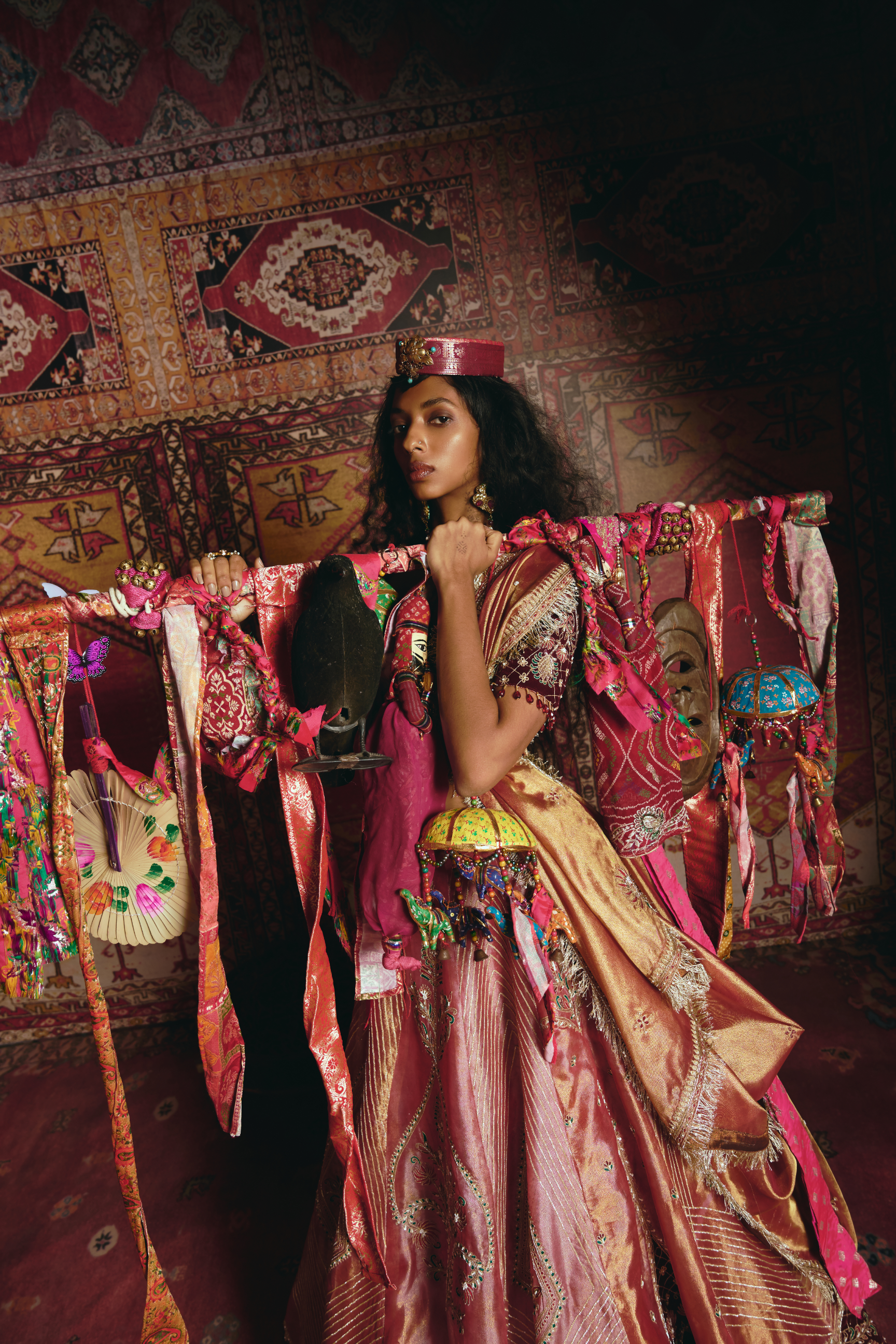 Blush Pink Pure Tissue and Maroon Velvet Lehenga Set