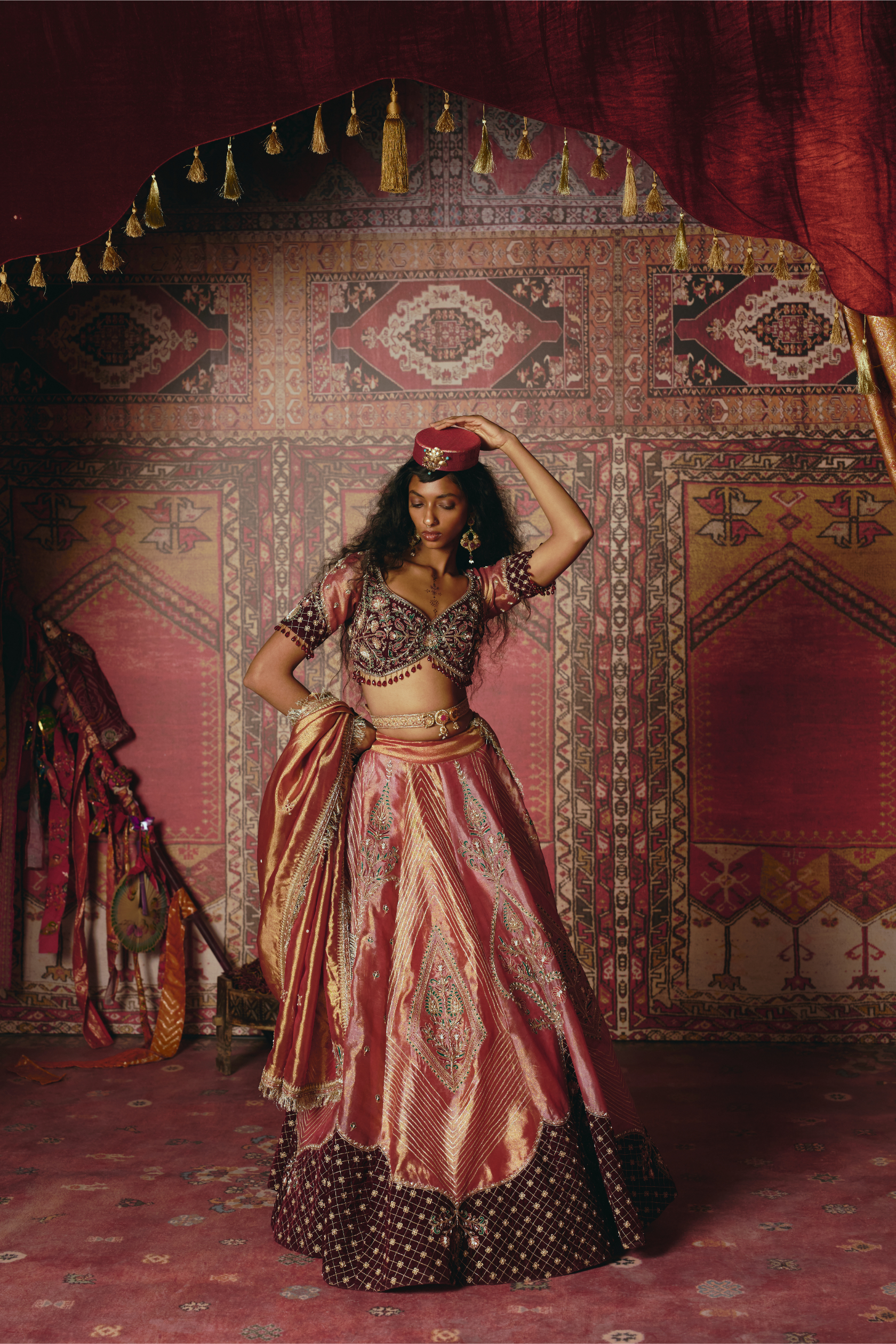 Blush Pink Pure Tissue and Maroon Velvet Lehenga Set