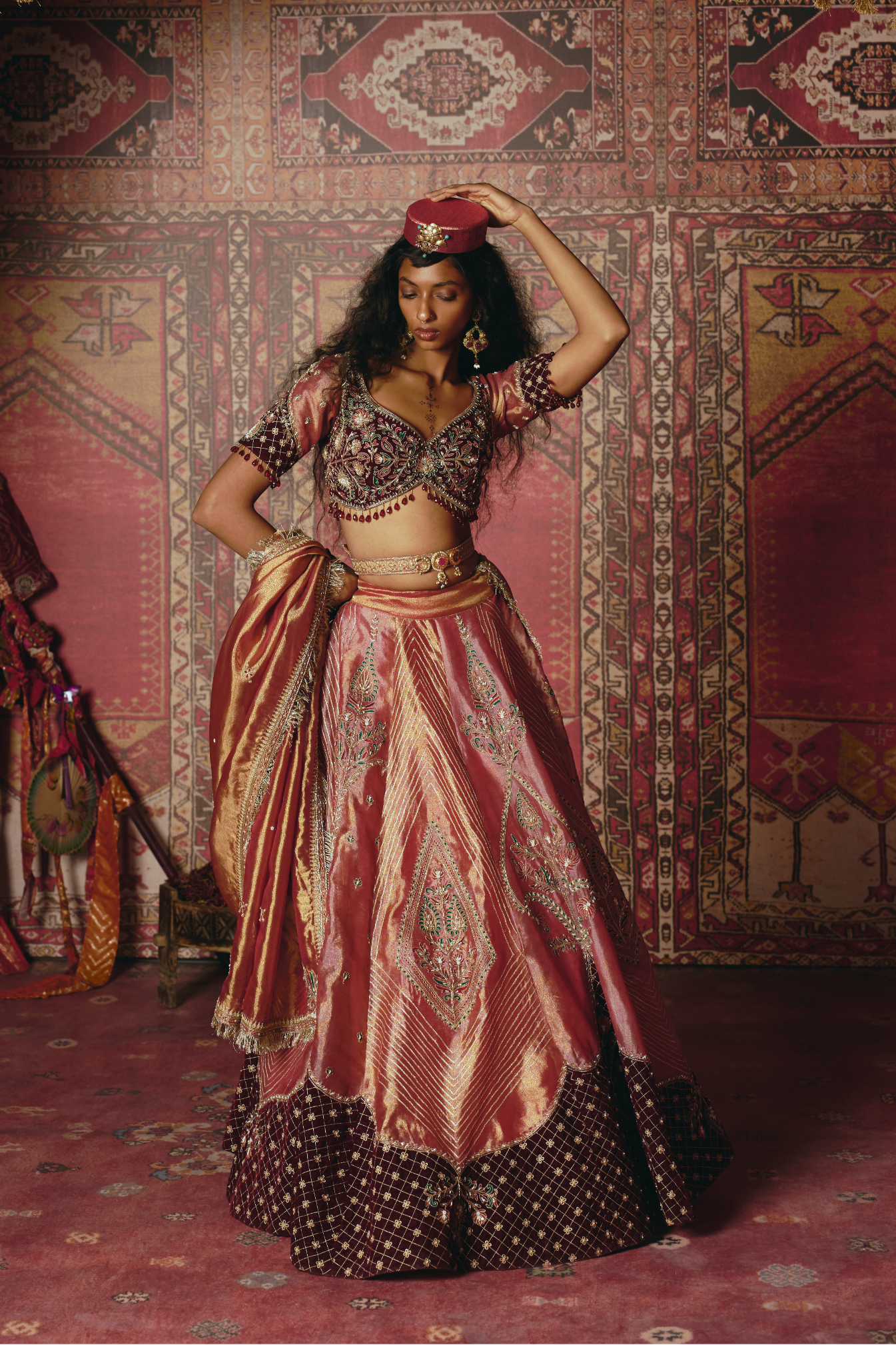 Blush Pink Pure Tissue and Maroon Velvet Lehenga Set