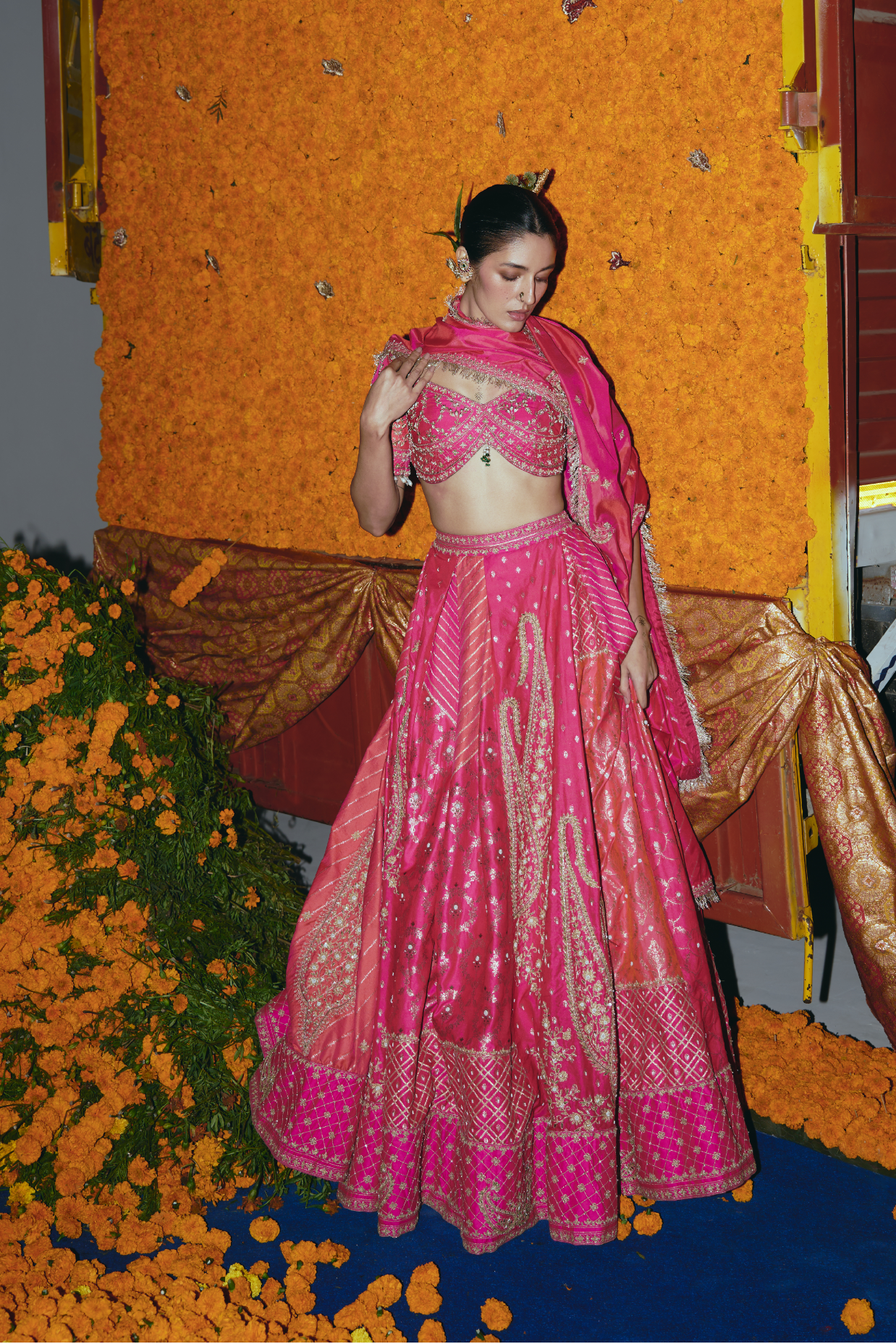 Abstract Pink and Peach Silk Banarsi Lehenga Set