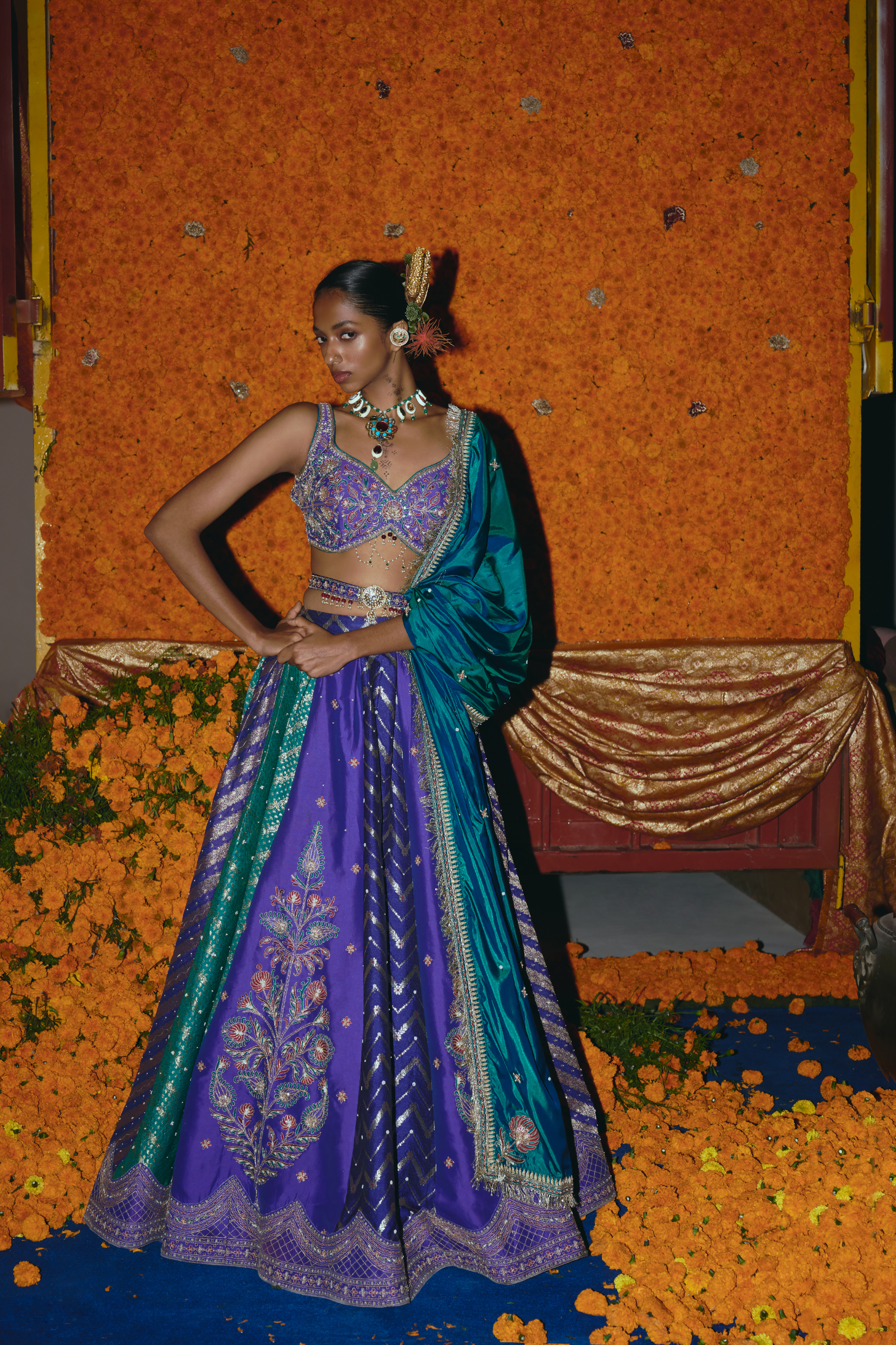 Purple and Teal Silk Banarsi Lehenga Set