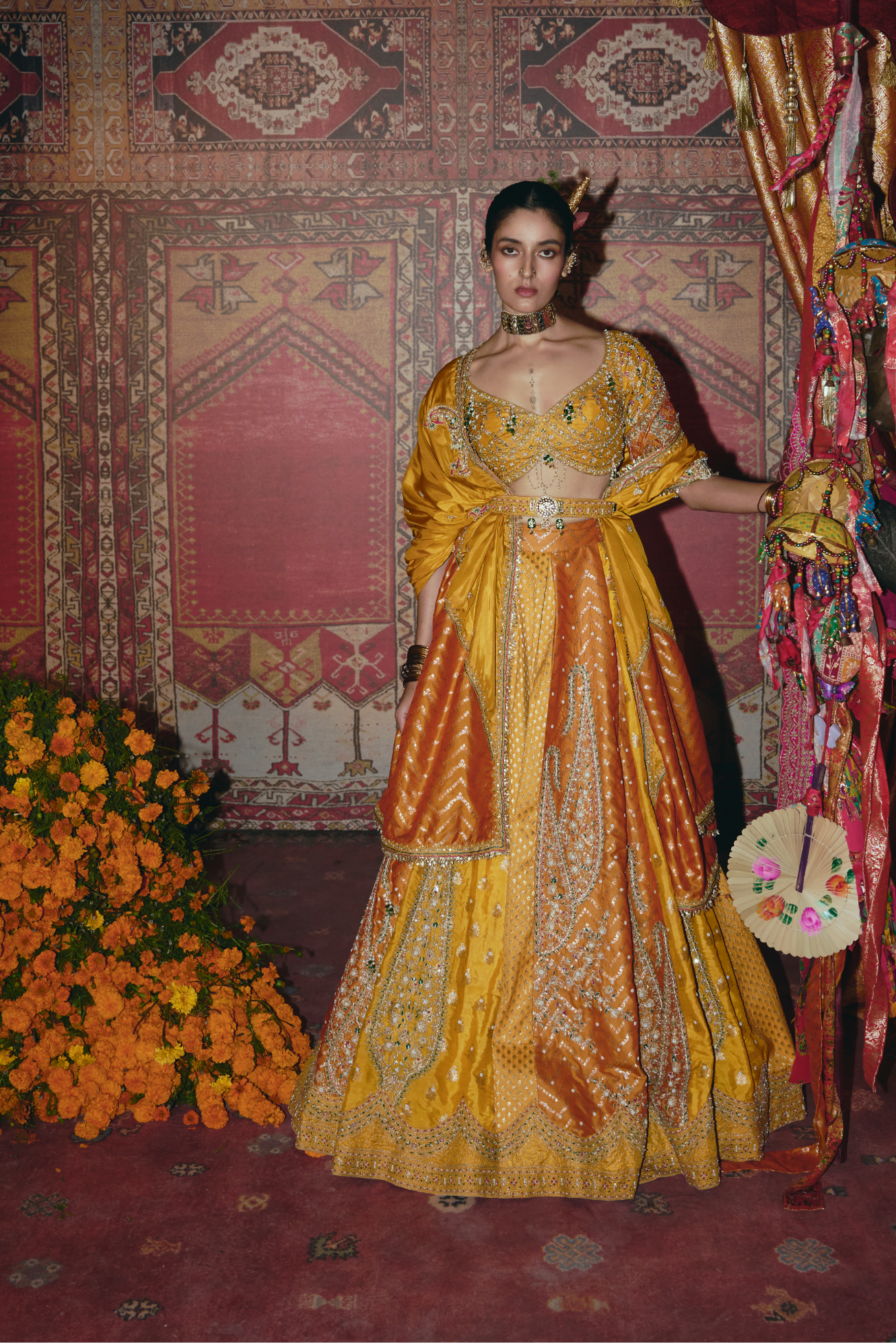 Yellow and Ochre Silk Banarsi Lehenga Set