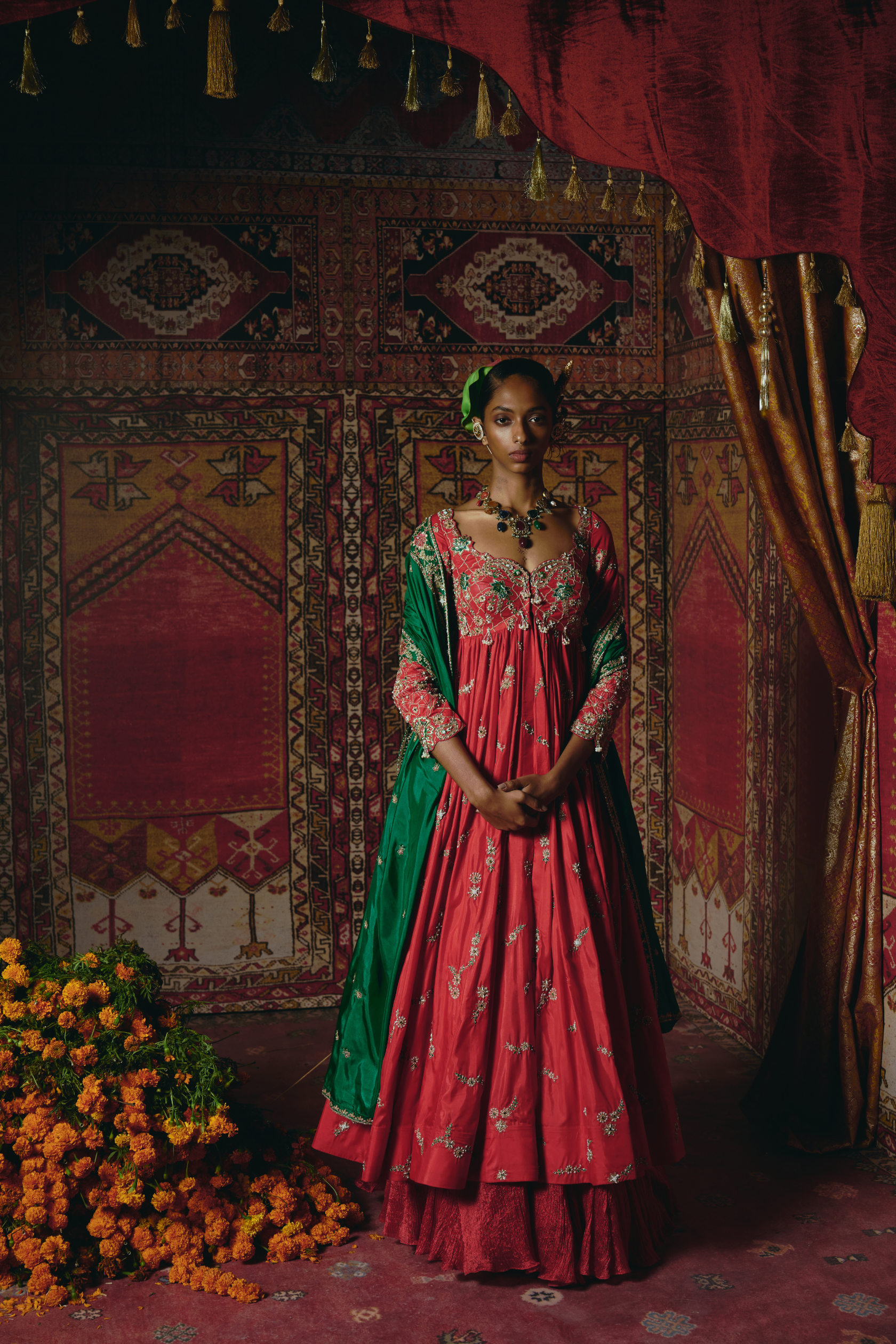 Red Open Jacket Anarkali Set