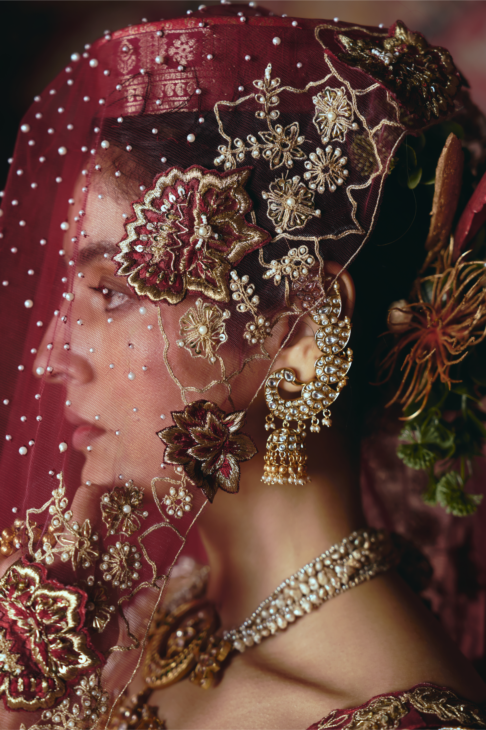 Maroon 3D Flower Lehenga Set