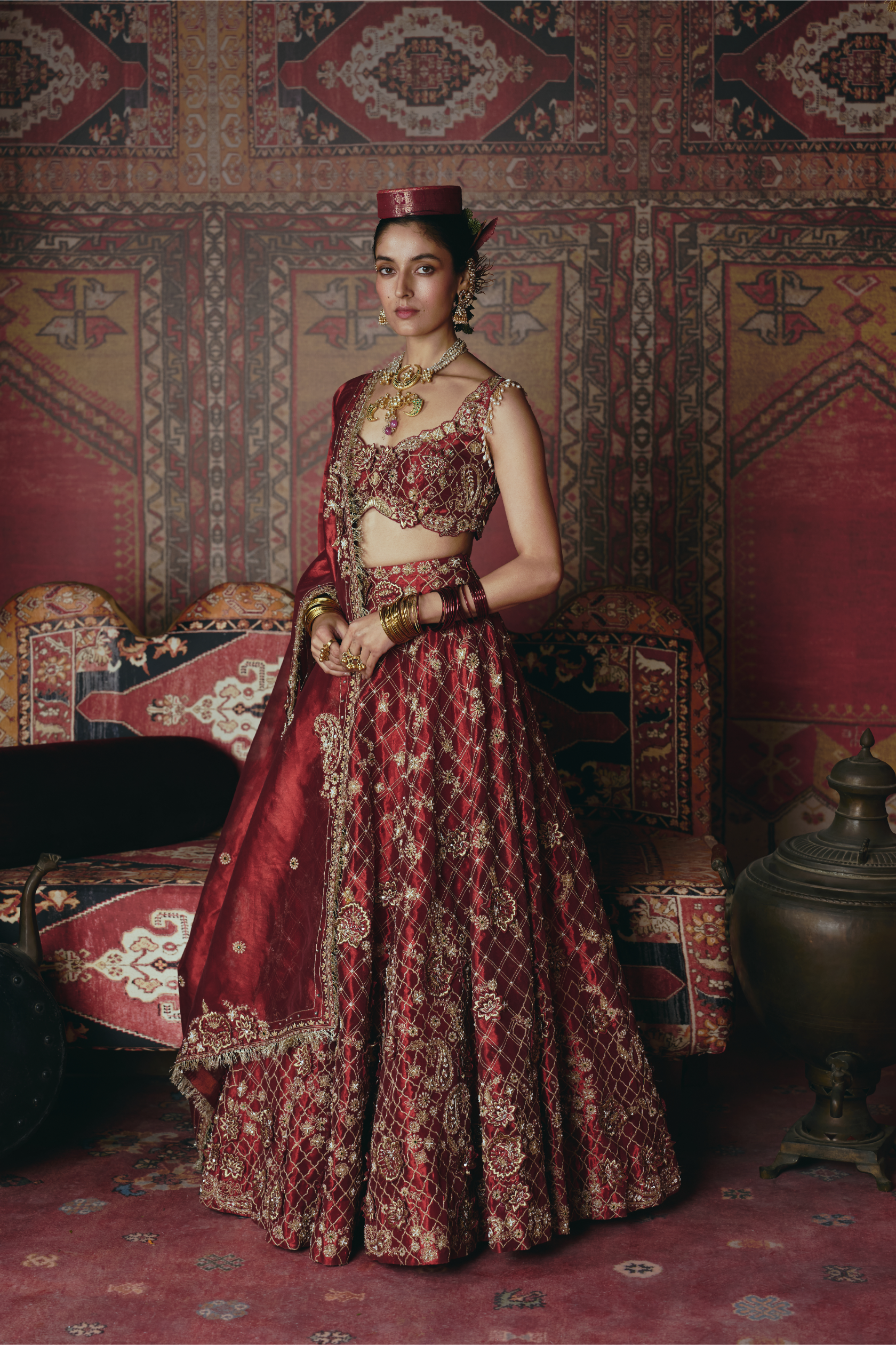 Maroon 3D Flower Lehenga Set
