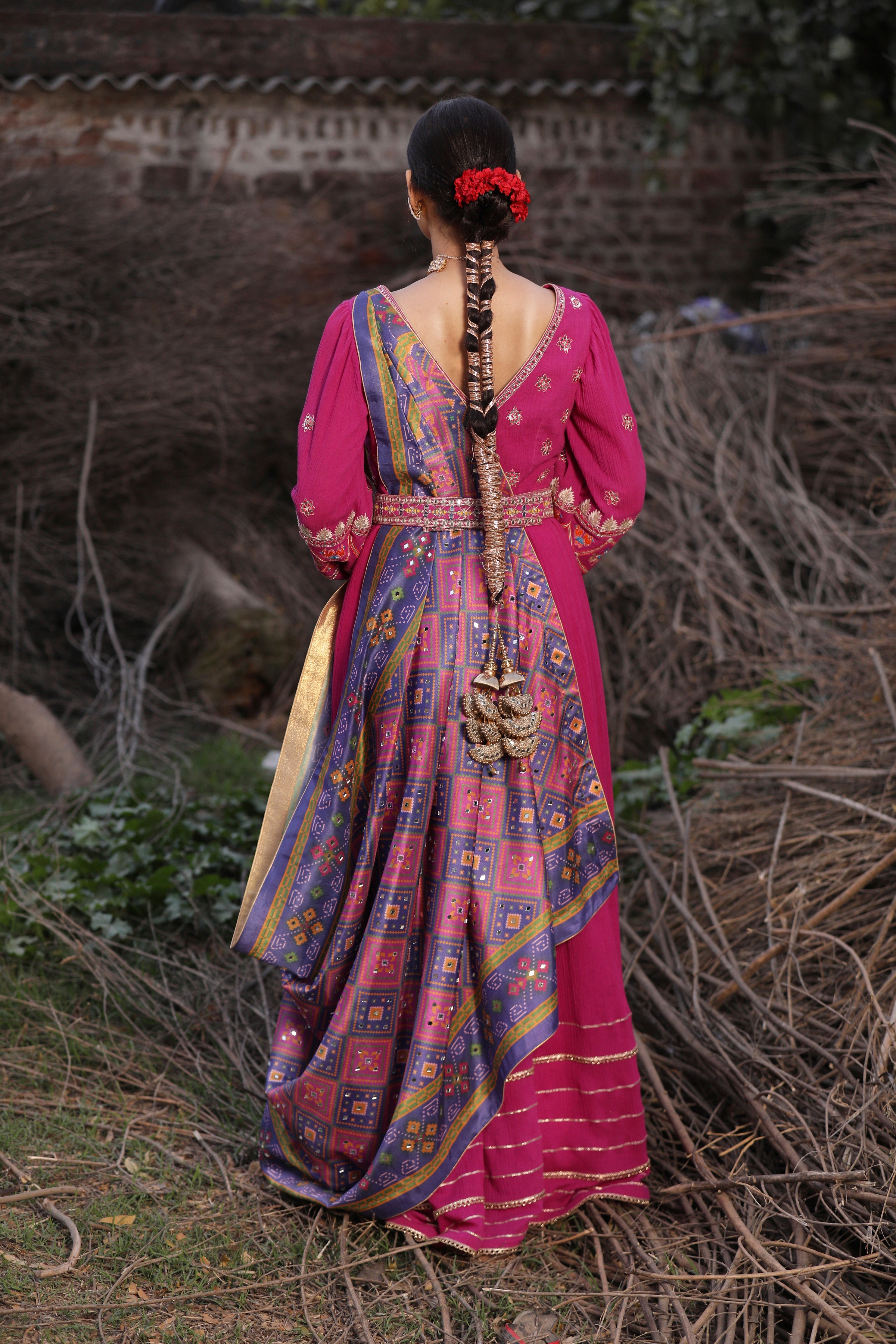 Women's Pink Pleated Embroidered Anarkali backview
