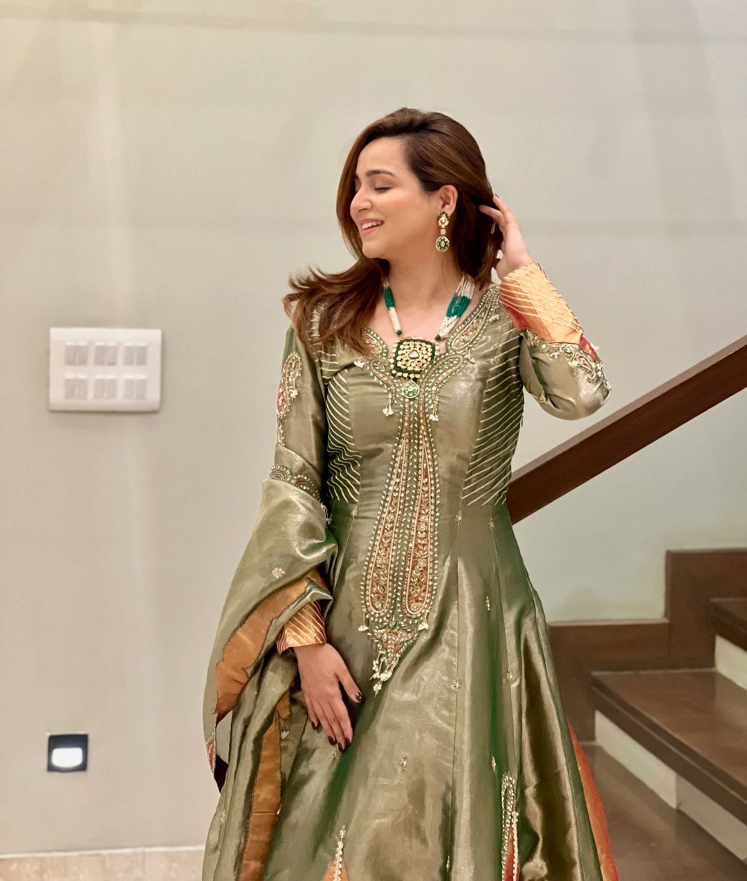 Kompal Matta Kapoor in our Emerald Green tissue Anarkali with dupatta