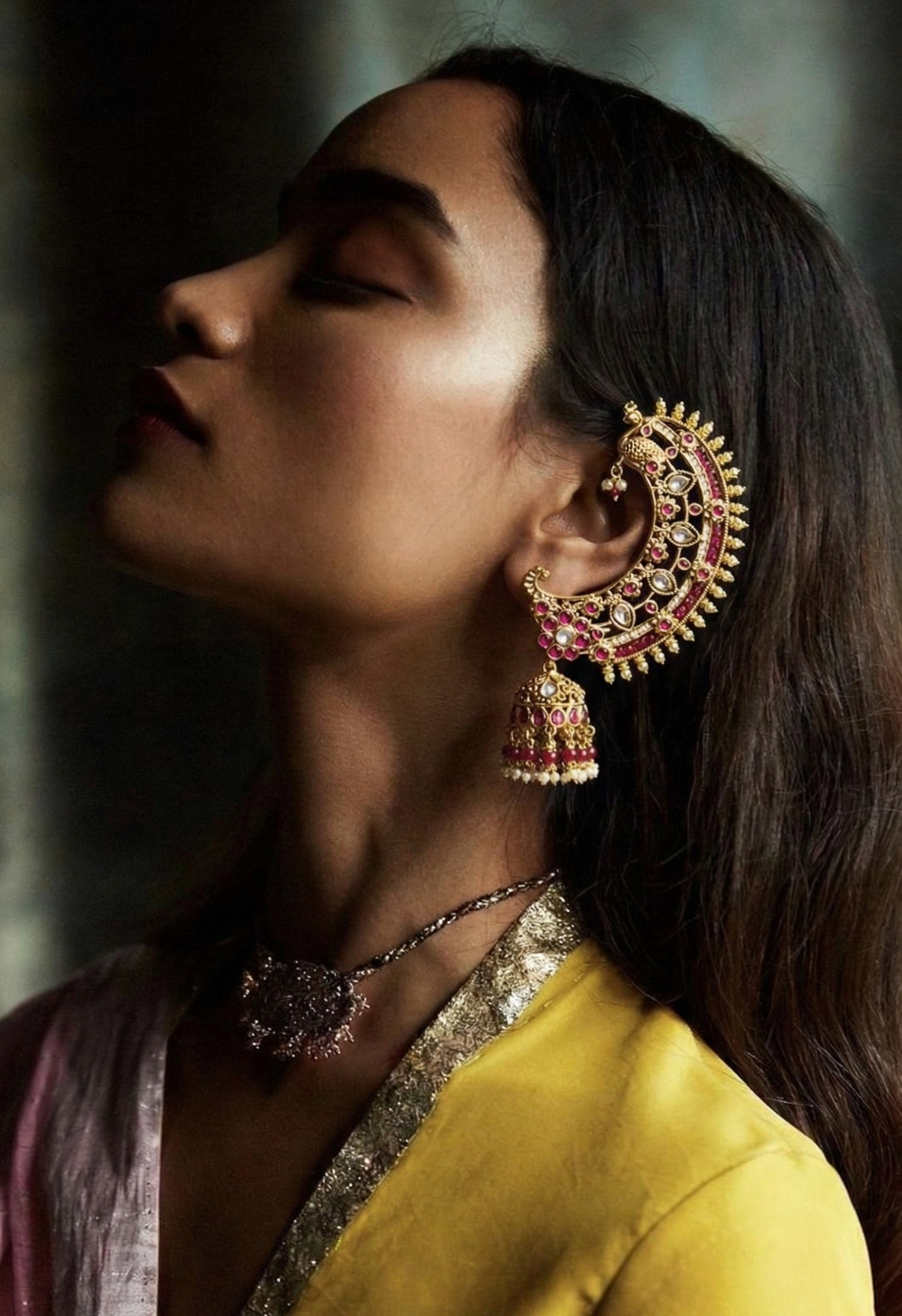Ruby Peacock Crescent Jhumka Earrings