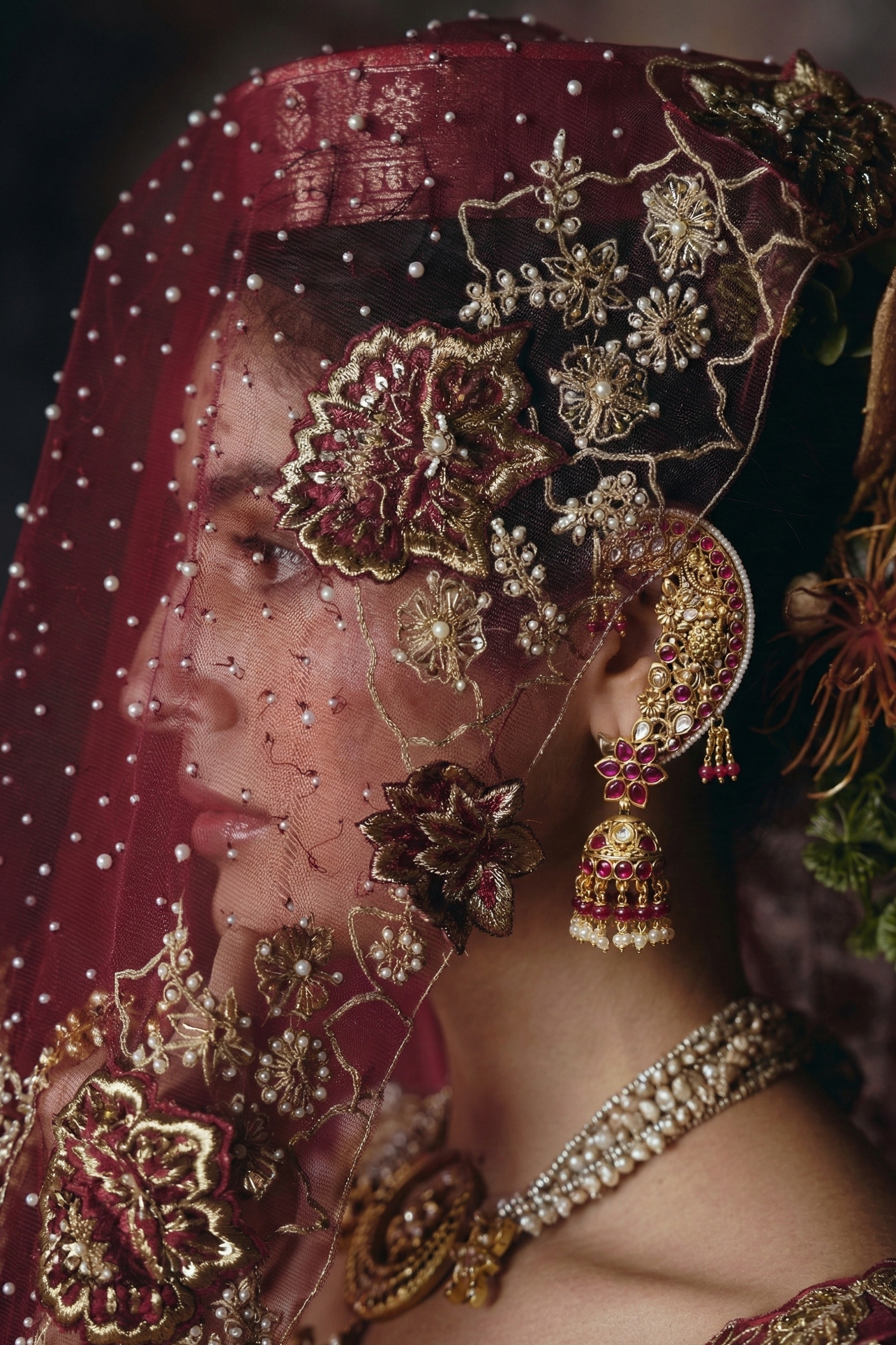 Ruby Kundan Crescent Jhumka Earrings