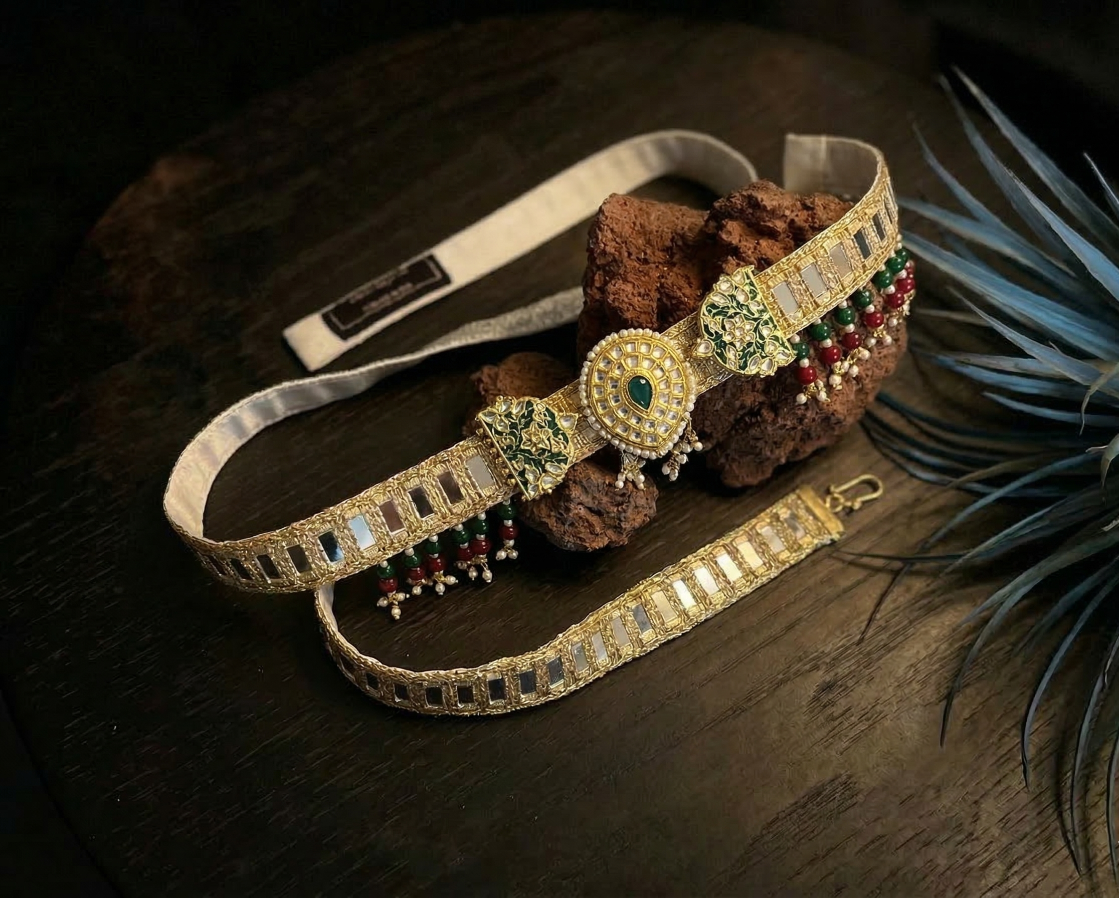 Golden embroidered mirror waist belt