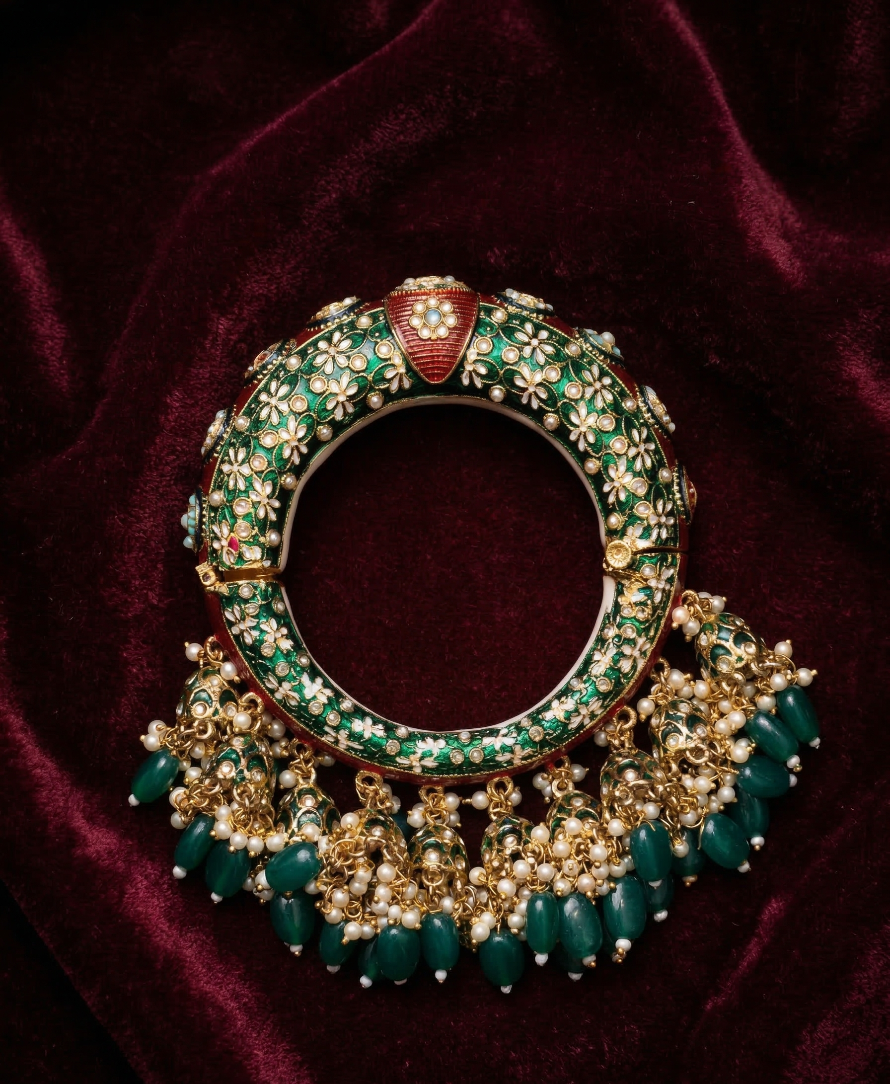 Meenakari Floral Kada with Emerald-Green Latkan