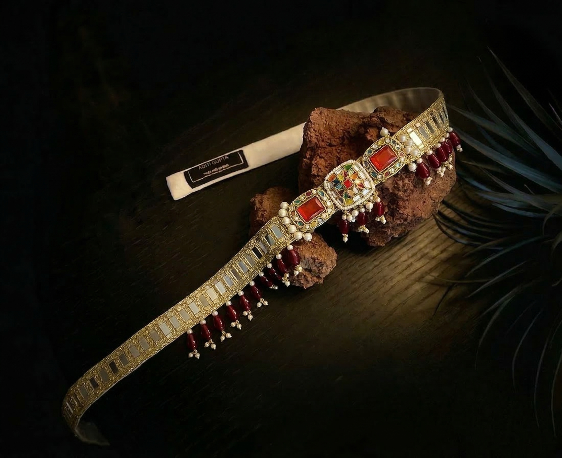 Golden embroidered mirror waist belt