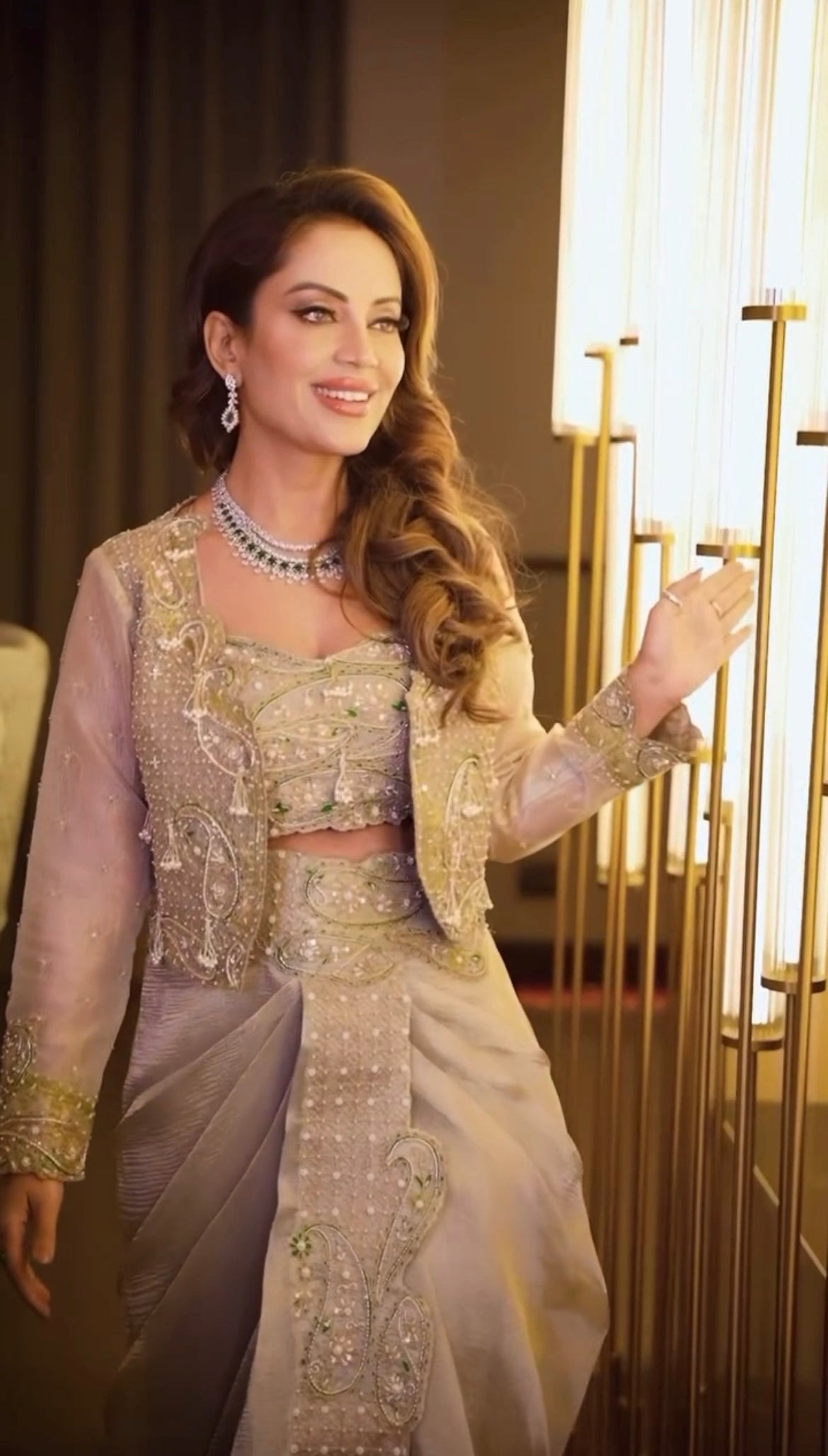 Priiyankka agarwal Pearl Gold silk zari tissue draped skirt and croped jacket