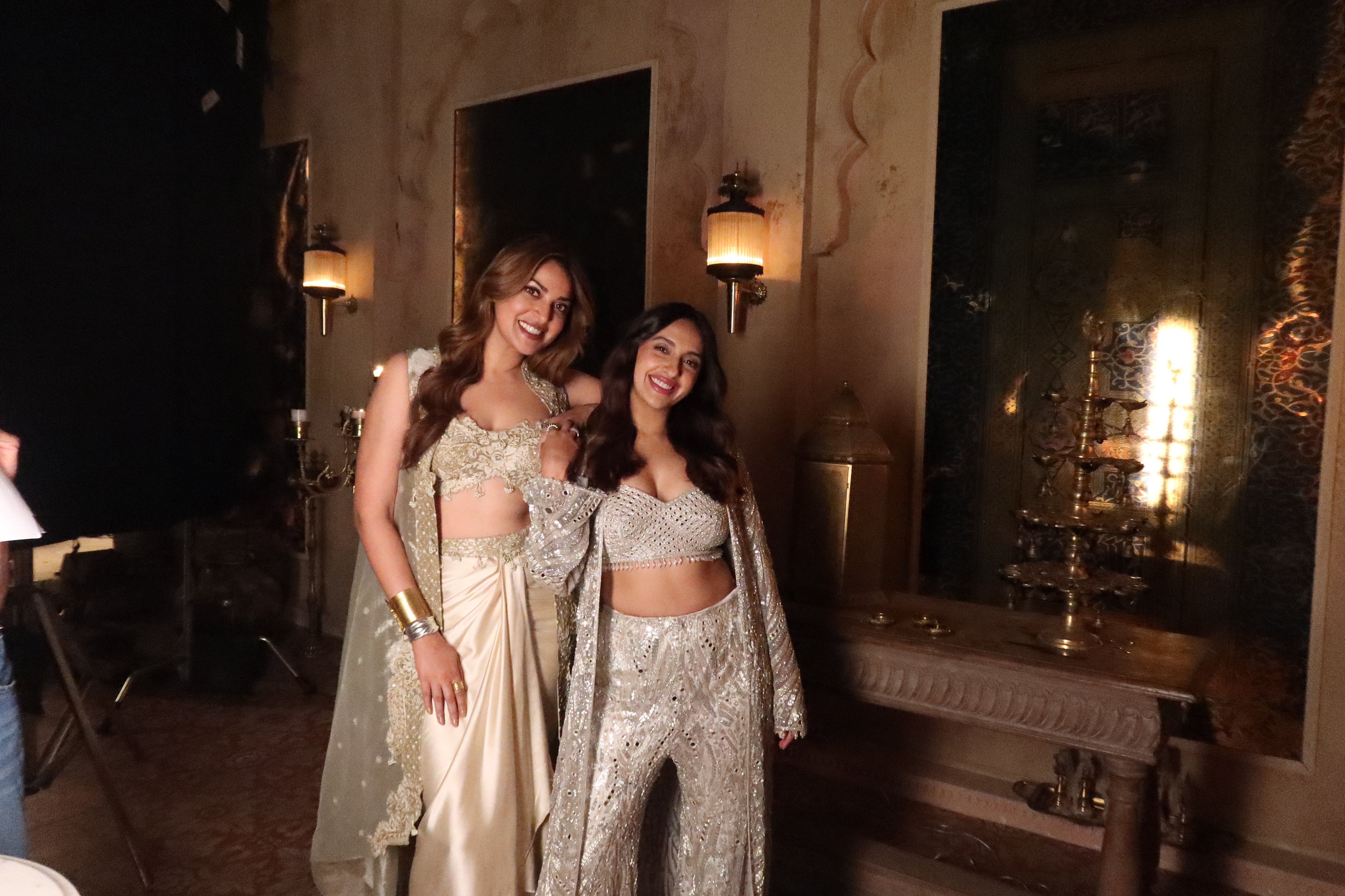 Anushka Ranjan in our Champagne gold drape satin skirt with cape