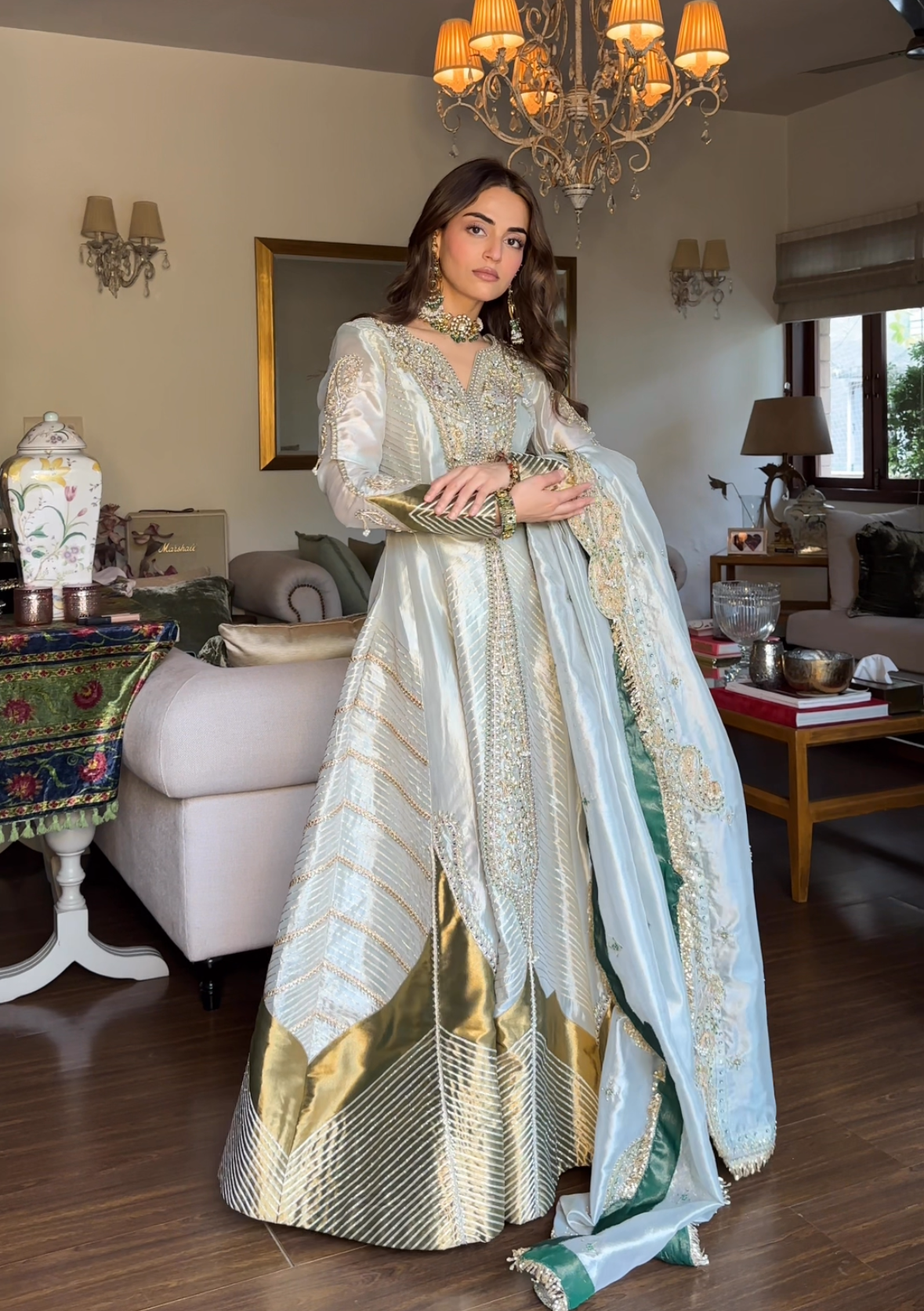 mehak bakshi in Pearl gold silk zari tissue anarkali