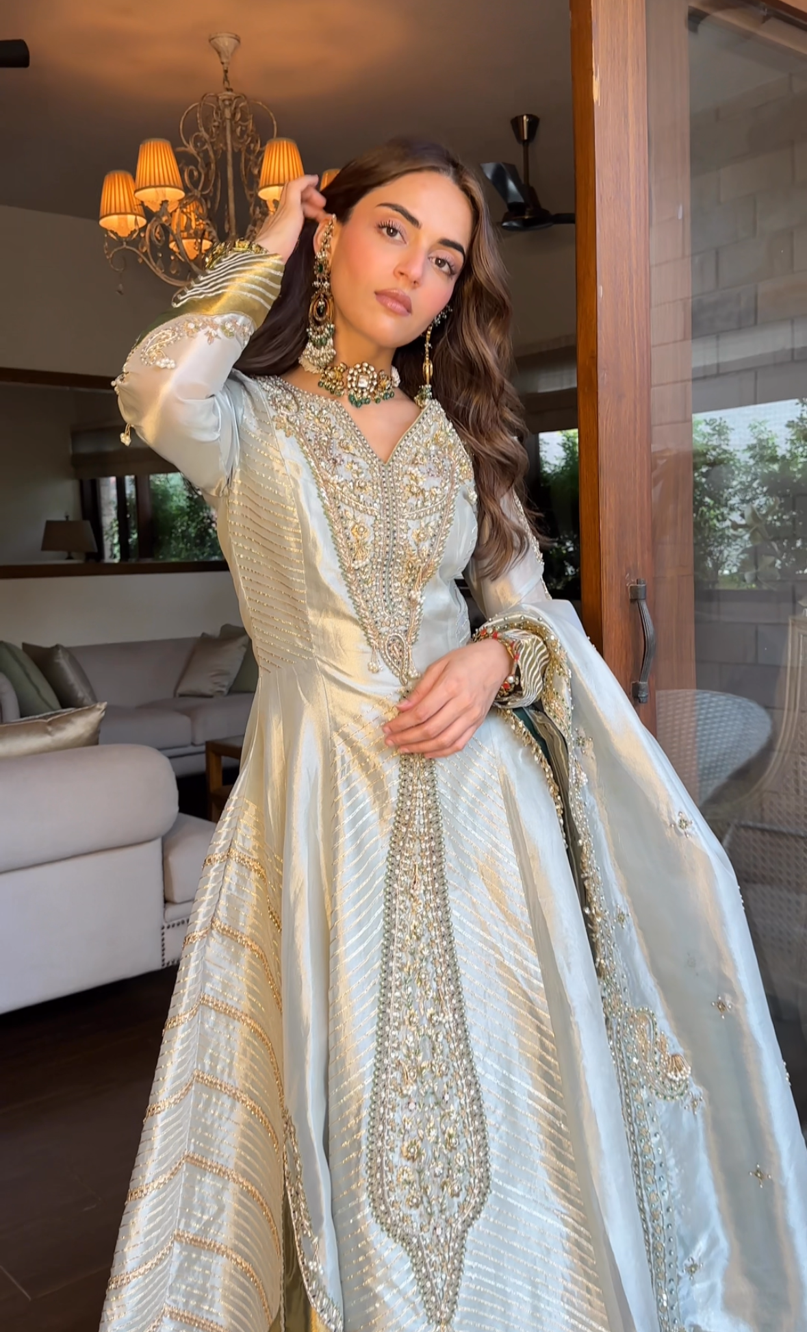 Pearl gold silk zari tissue anarkali