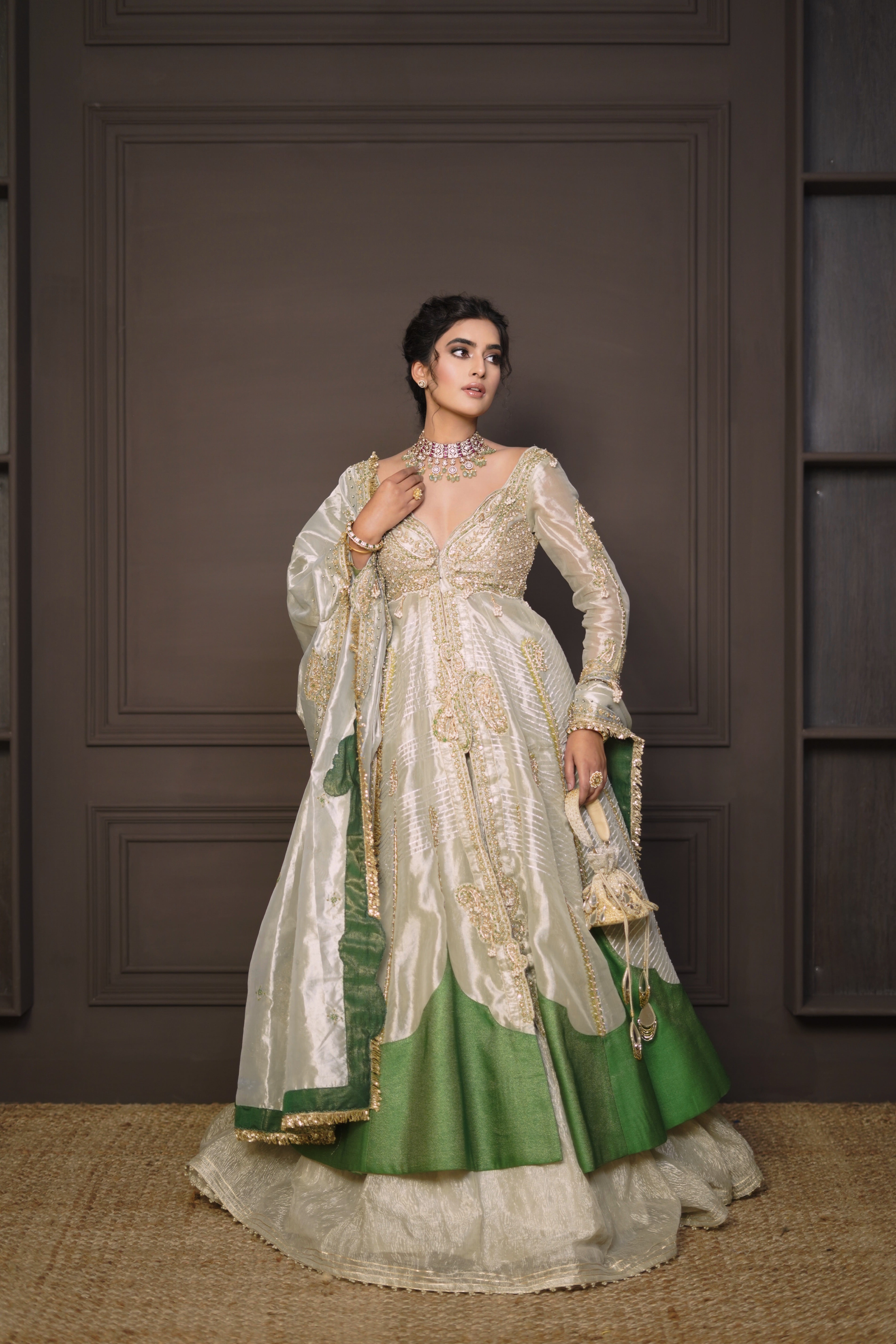 Bhavdeep Kaur in our Pearl gold silk zari tissue jacket with skirt set