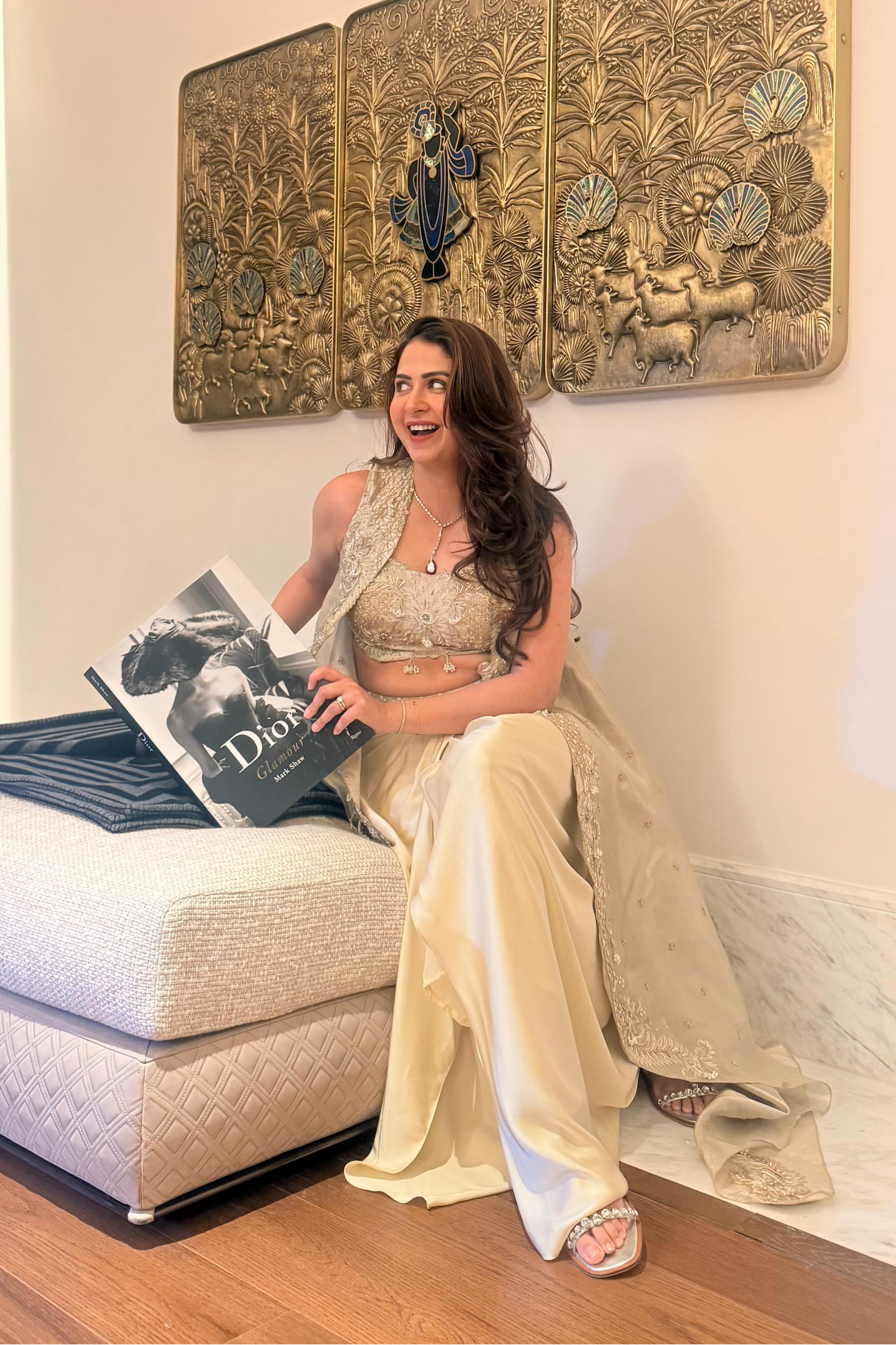 Malvika Raaj in our Champagne gold drape satin skirt with cape