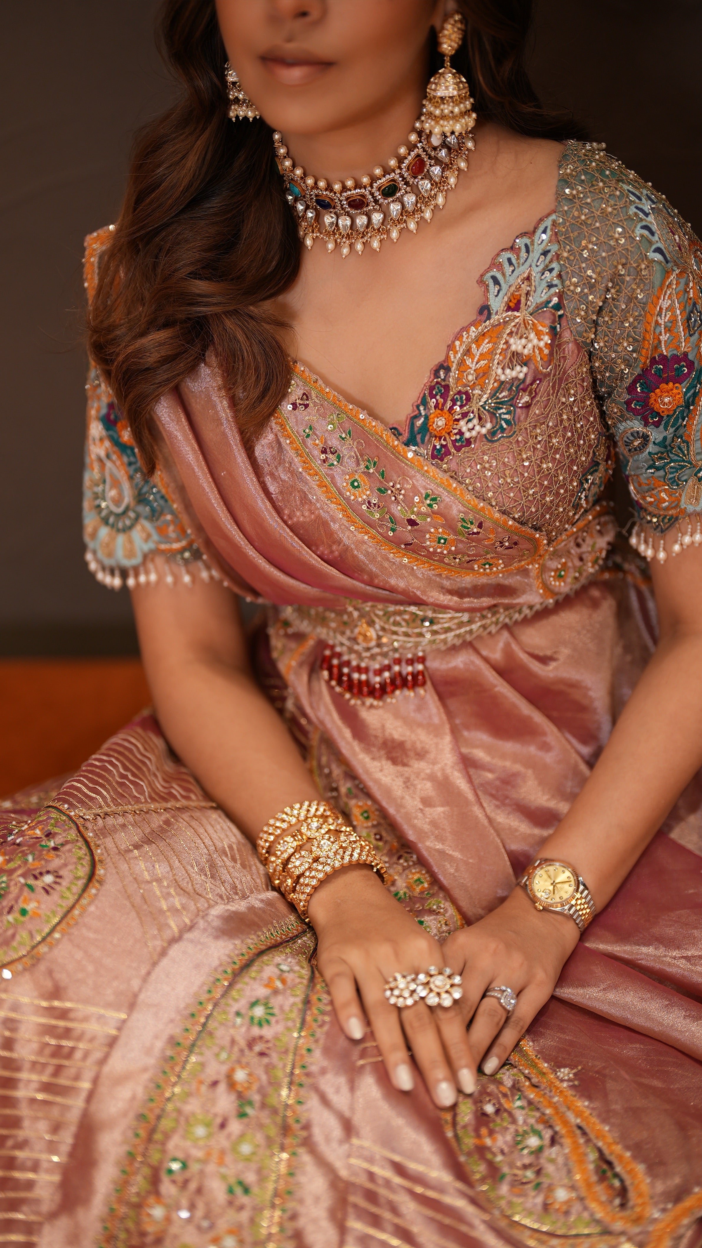 Summiyya in our Pink silk zari tissue lehnga set