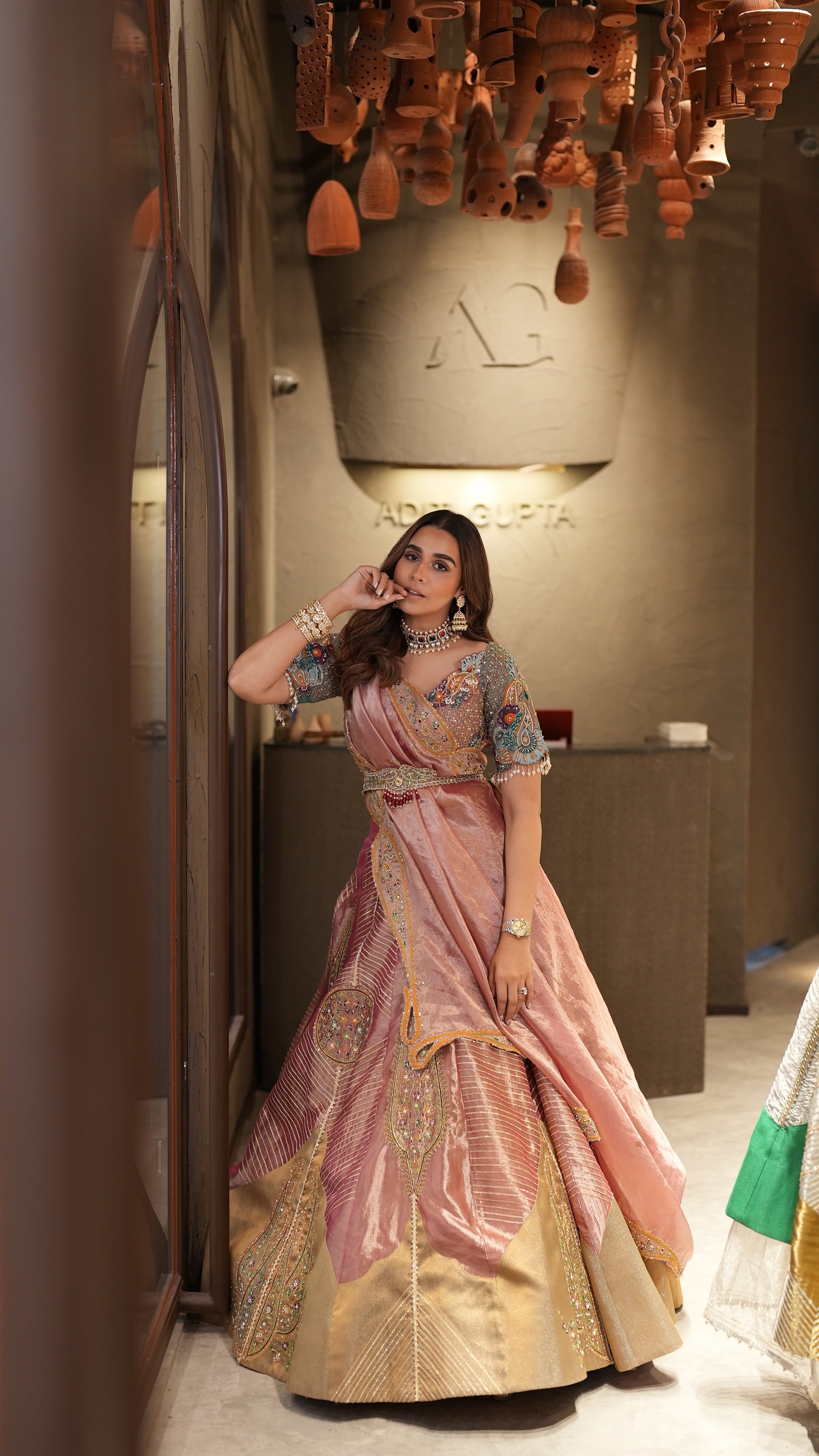 Summiyya in our Pink silk zari tissue lehnga set