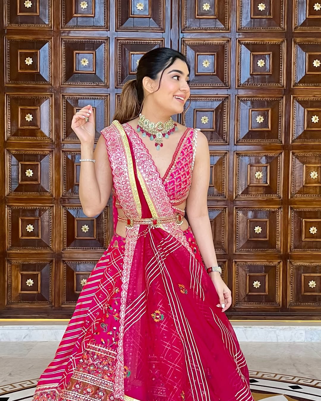 Srishti in our Hot pink jacquard silk banarasi lehenga set