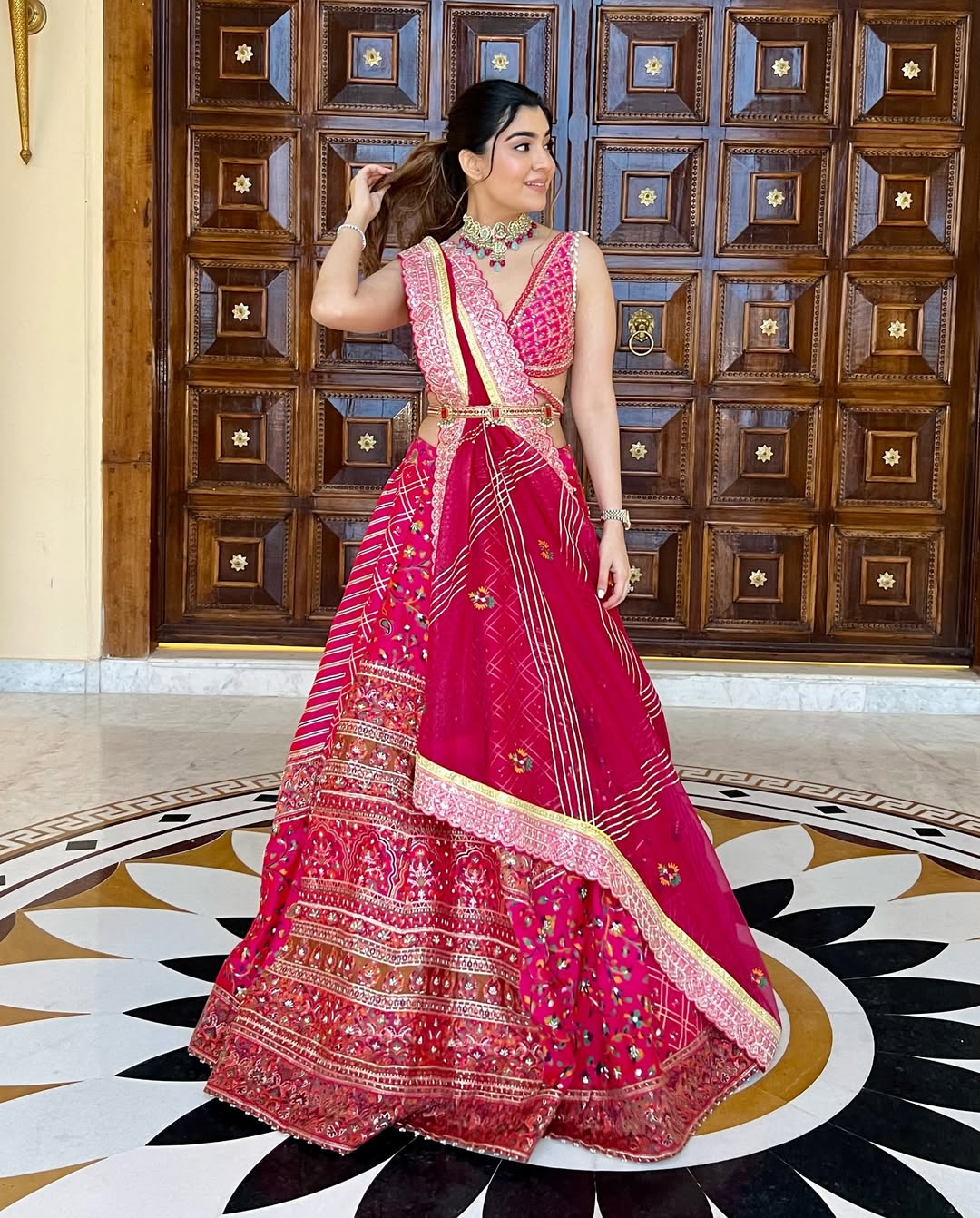 Srishti in our Hot pink jacquard silk banarasi lehenga set
