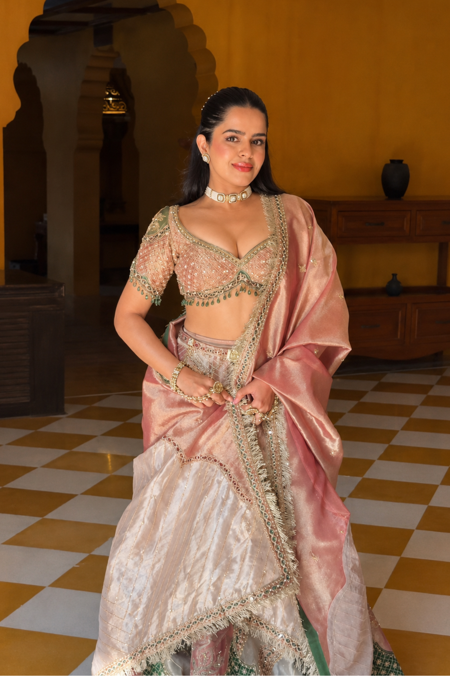 Sahira Taneja in our Pink and Rose Gold Pure Tissue with Green Banarsi Lehenga Set