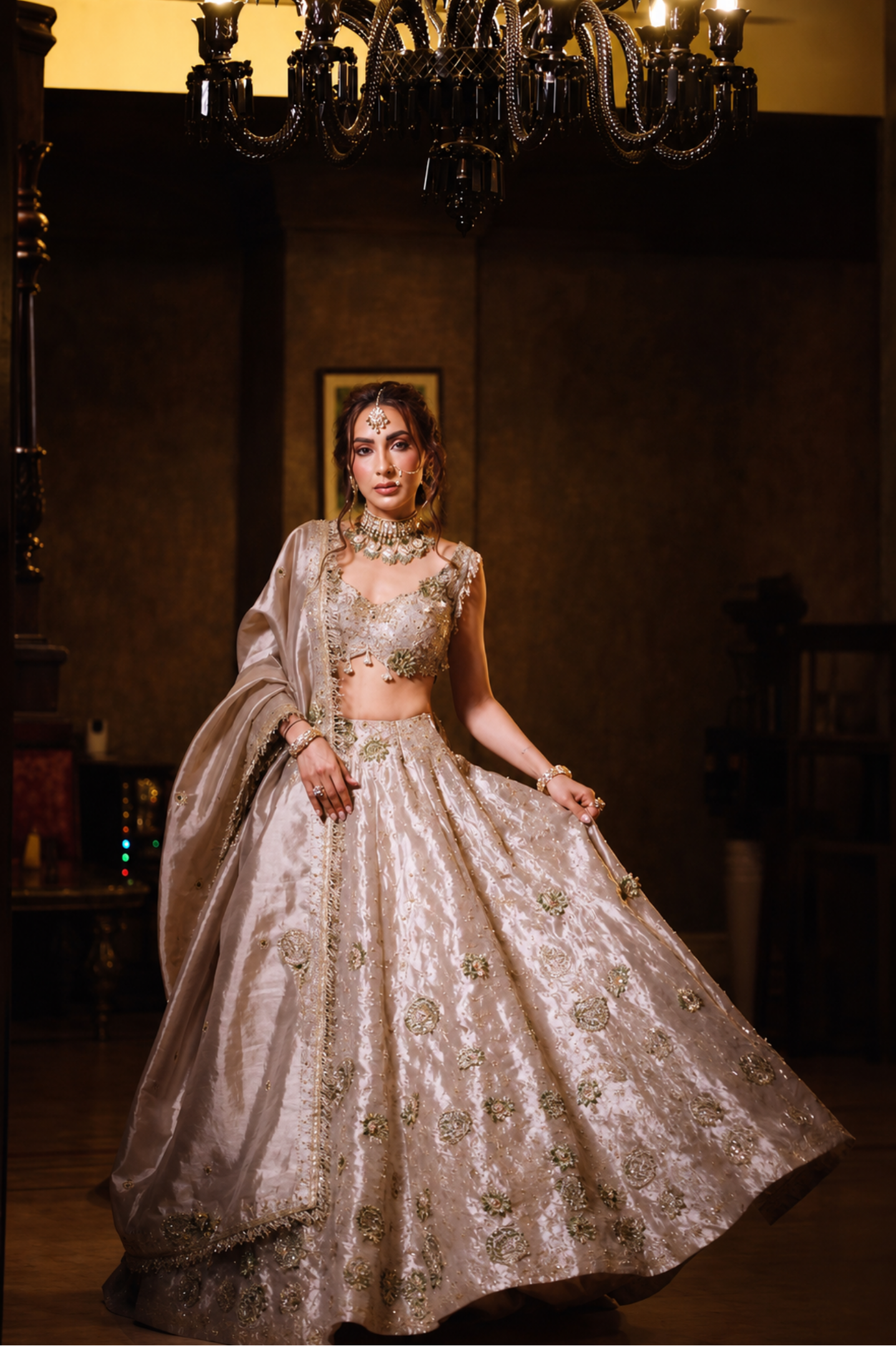 Seema Diwan in our Pearl Gold 3D Flower Lehenga Set