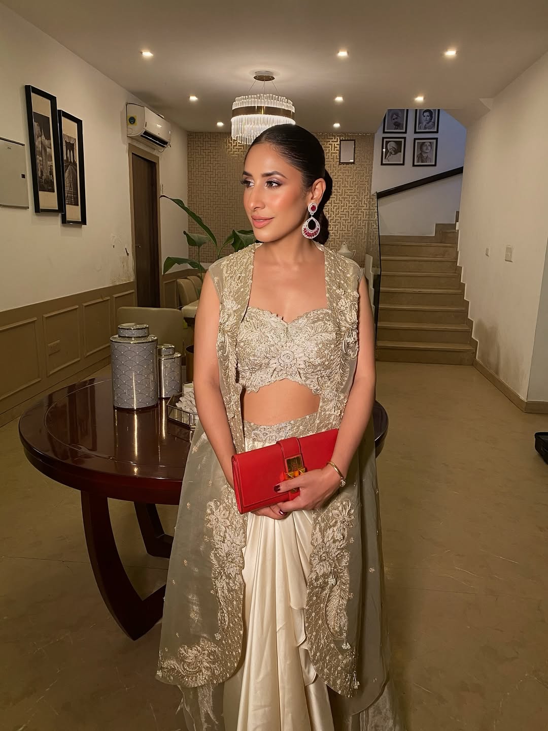 Dildeep Kalra in our Champagne gold drape satin skirt with cape