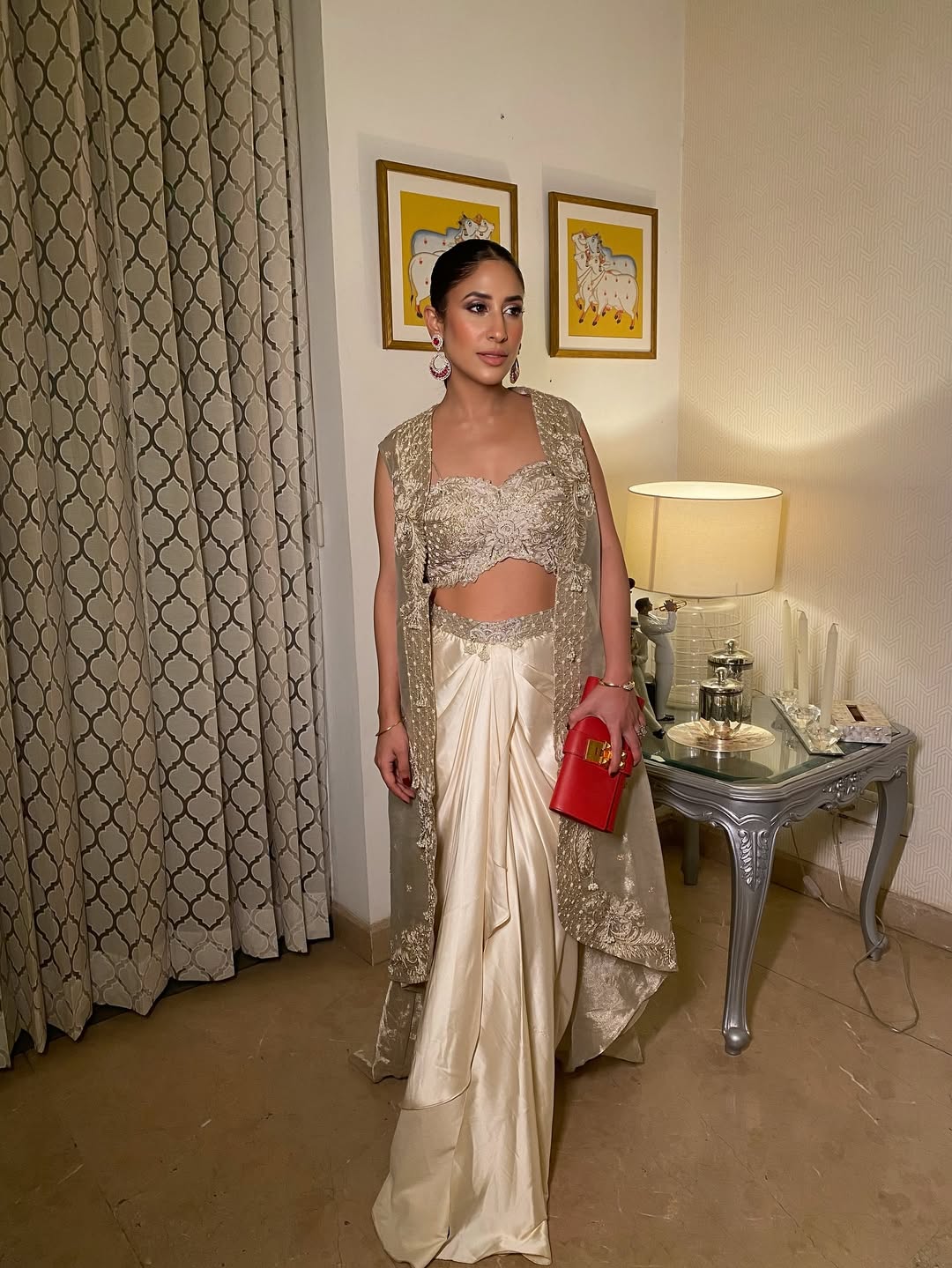 Dildeep Kalra in our Champagne gold drape satin skirt with cape
