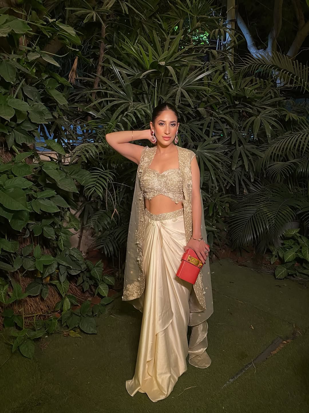 Dildeep Kalra in our Champagne gold drape satin skirt with cape