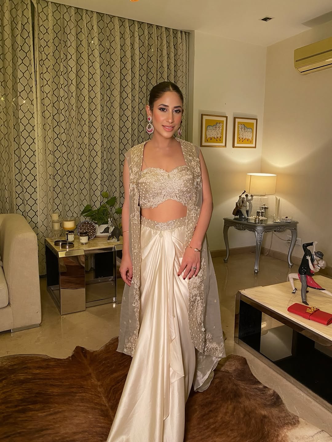 Dildeep Kalra in our Champagne gold drape satin skirt with cape